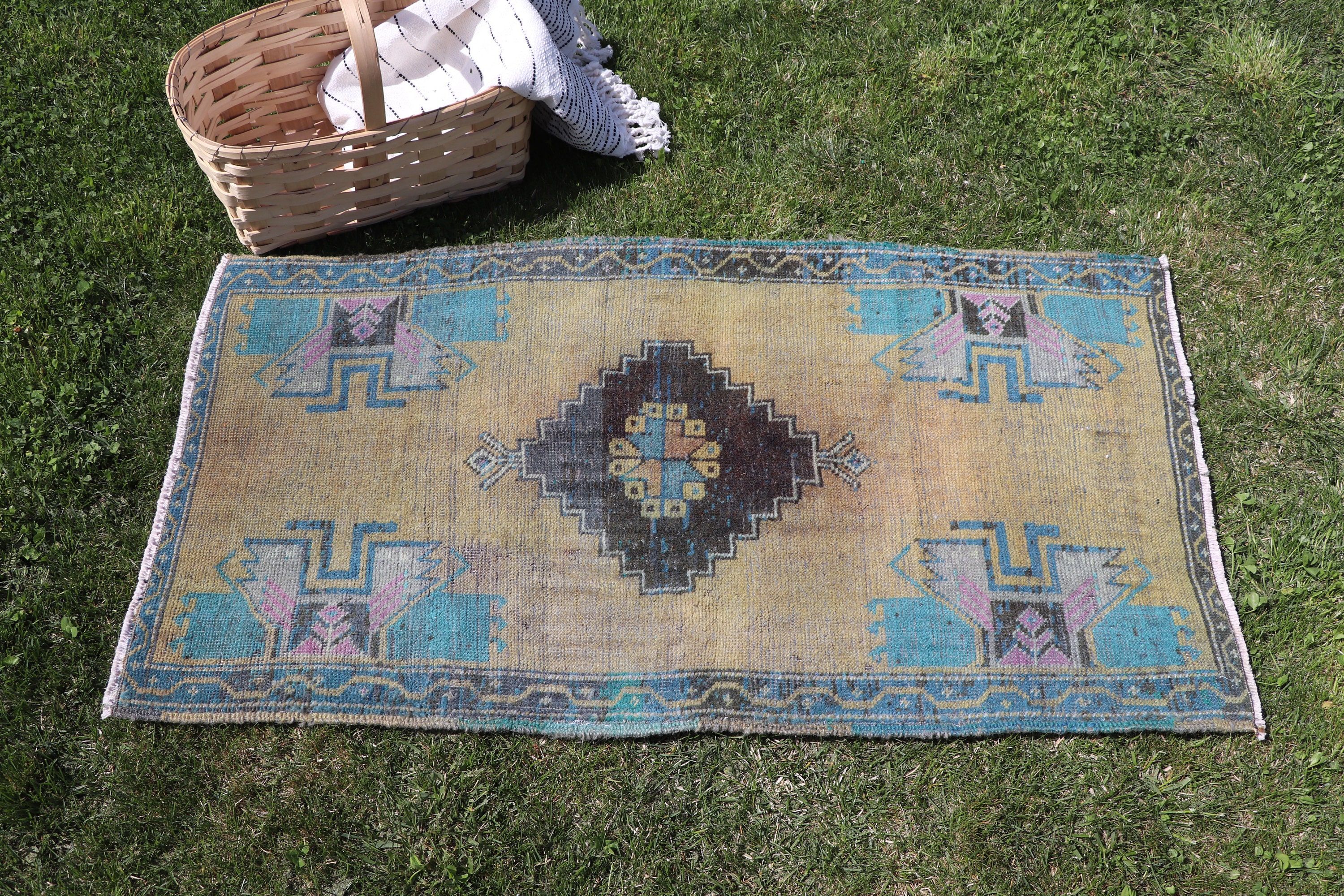 Kapı Paspası Halıları, Sarı Oushak Halısı, Türk Halıları, Vintage Halı, Duvara Asılı Halı, Bildiri Halısı, 1.9x3.6 ft Küçük Halı, Ev Dekorasyonu Halıları