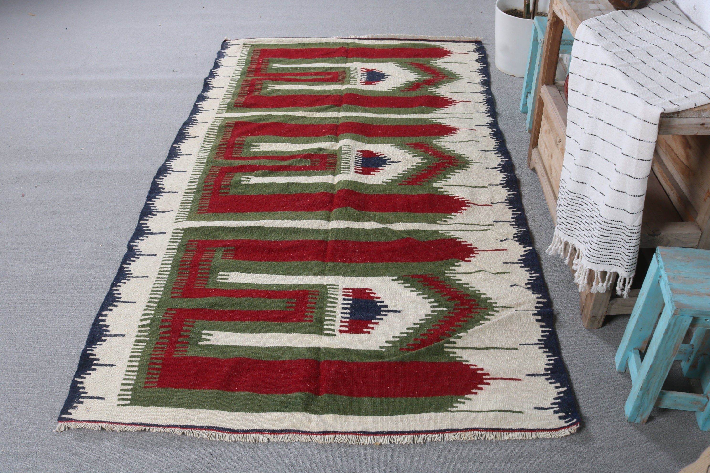 Red Wool Rug, Turkish Rugs, Indoor Rug, Kitchen Rug, Rugs for Floor, Kilim, 4x7.1 ft Area Rug, Anatolian Rug, Vintage Rug