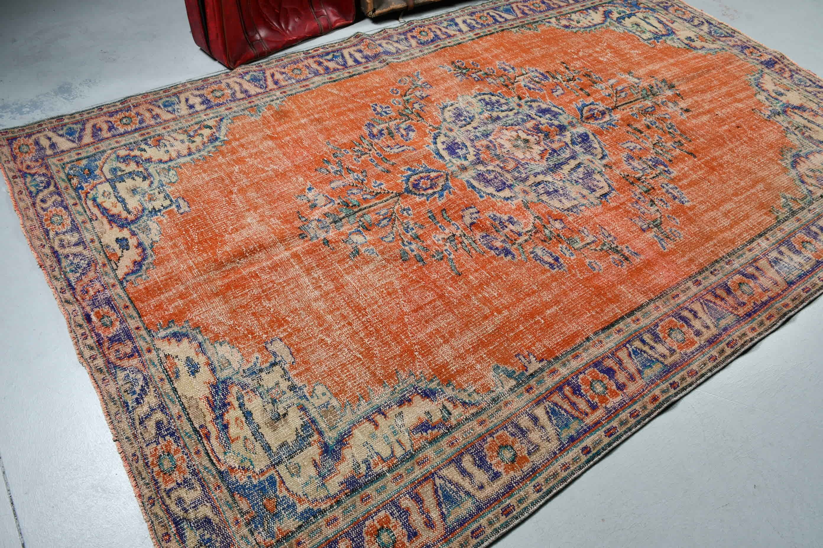 Orange Floor Rugs, Anatolian Rug, 6.2x9.7 ft Large Rugs, Vintage Rugs, Dining Room Rug, Bright Rugs, Bedroom Rug, Floor Rug, Turkish Rug