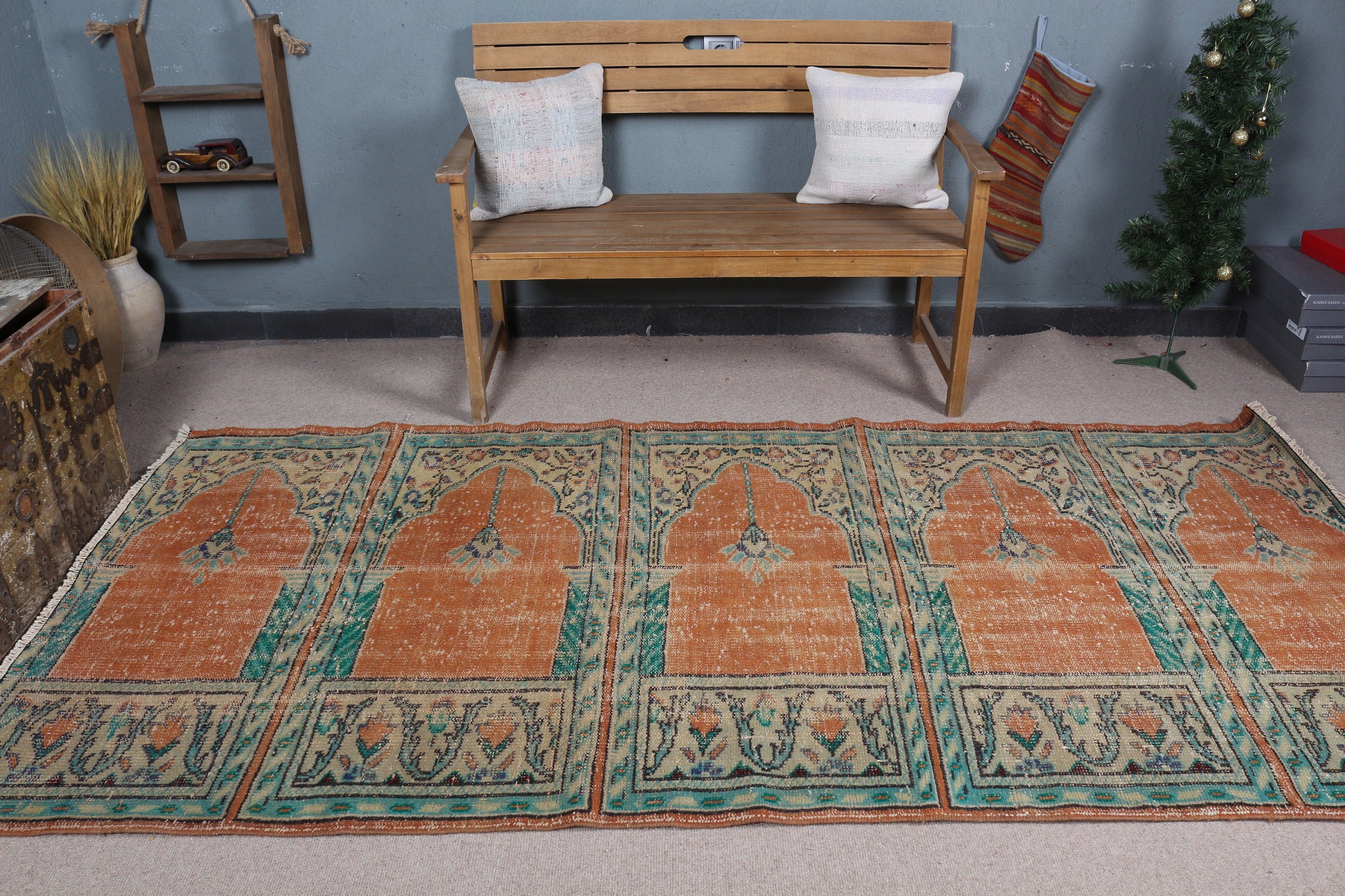 Vintage Halılar, Türk Halısı, İç Mekan Halısı, Yeşil Mutfak Halıları, Oturma Odası Halıları, 4.3x9 ft Alan Halısı, Oushak Halısı, İç Mekan Halıları, Mutfak Halıları