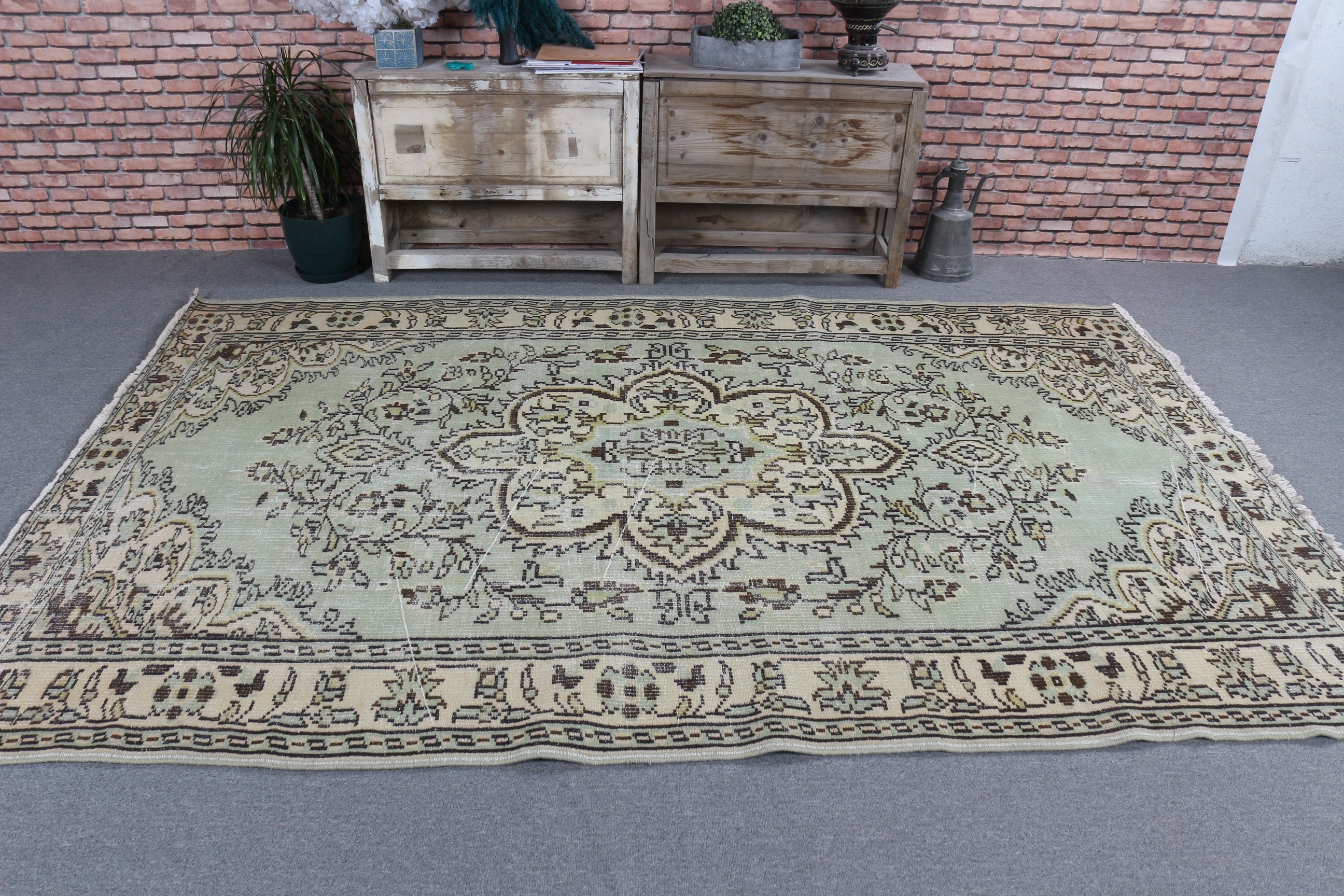 Türk Halıları, Oushak Halıları, Yatak Odası Halısı, 5.8x9 ft Büyük Halılar, El Dokuma Halıları, Oturma Odası Halısı, Yeşil Düz Dokuma Halı, Yün Halı, Vintage Halı