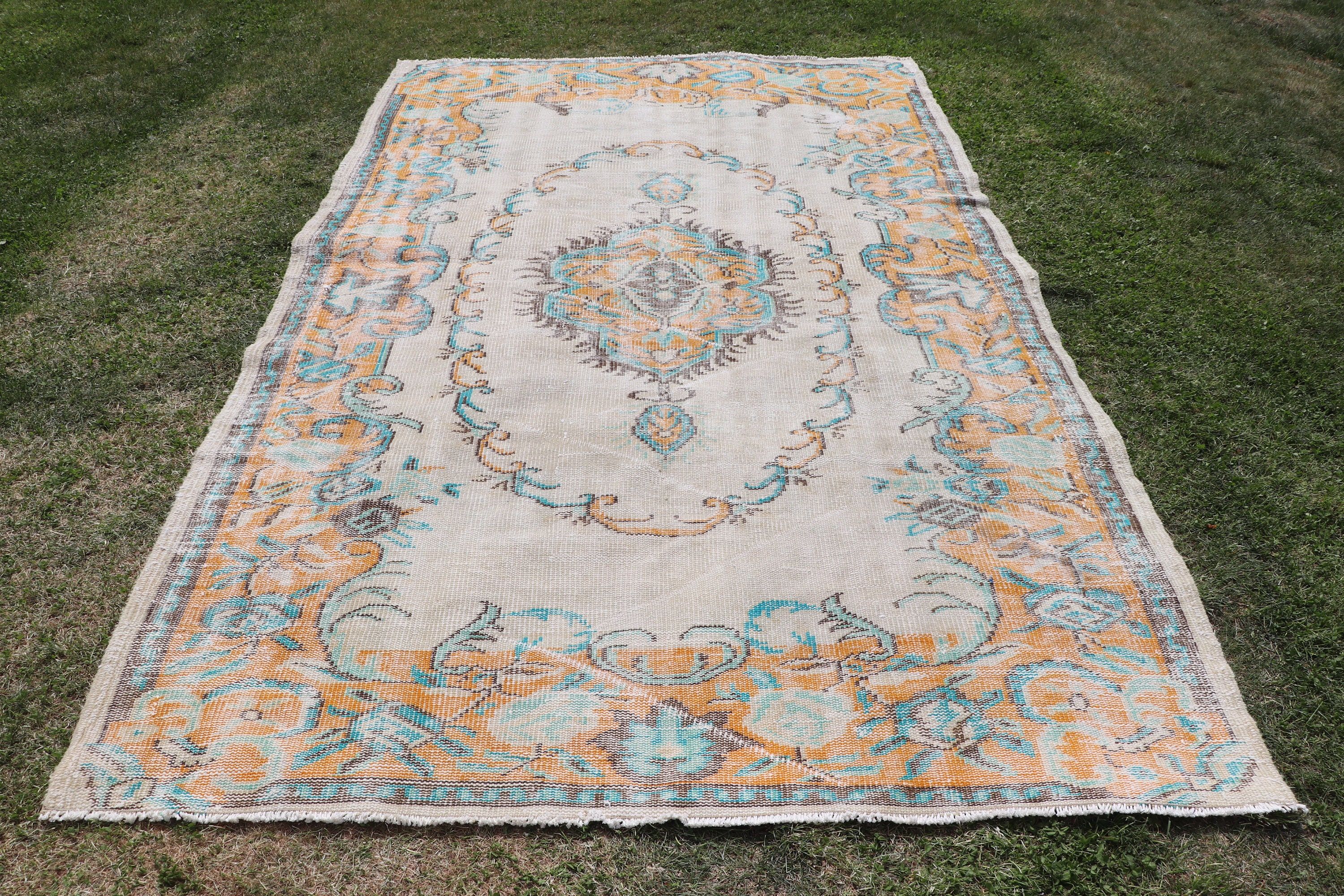 Bej Lüks Halılar, Vintage Halılar, El Dokuma Halılar, Oturma Odası Halıları, Türk Halısı, Oushak Halıları, 5.4x8.9 ft Büyük Halılar, Boho Halıları, Yatak Odası Halıları