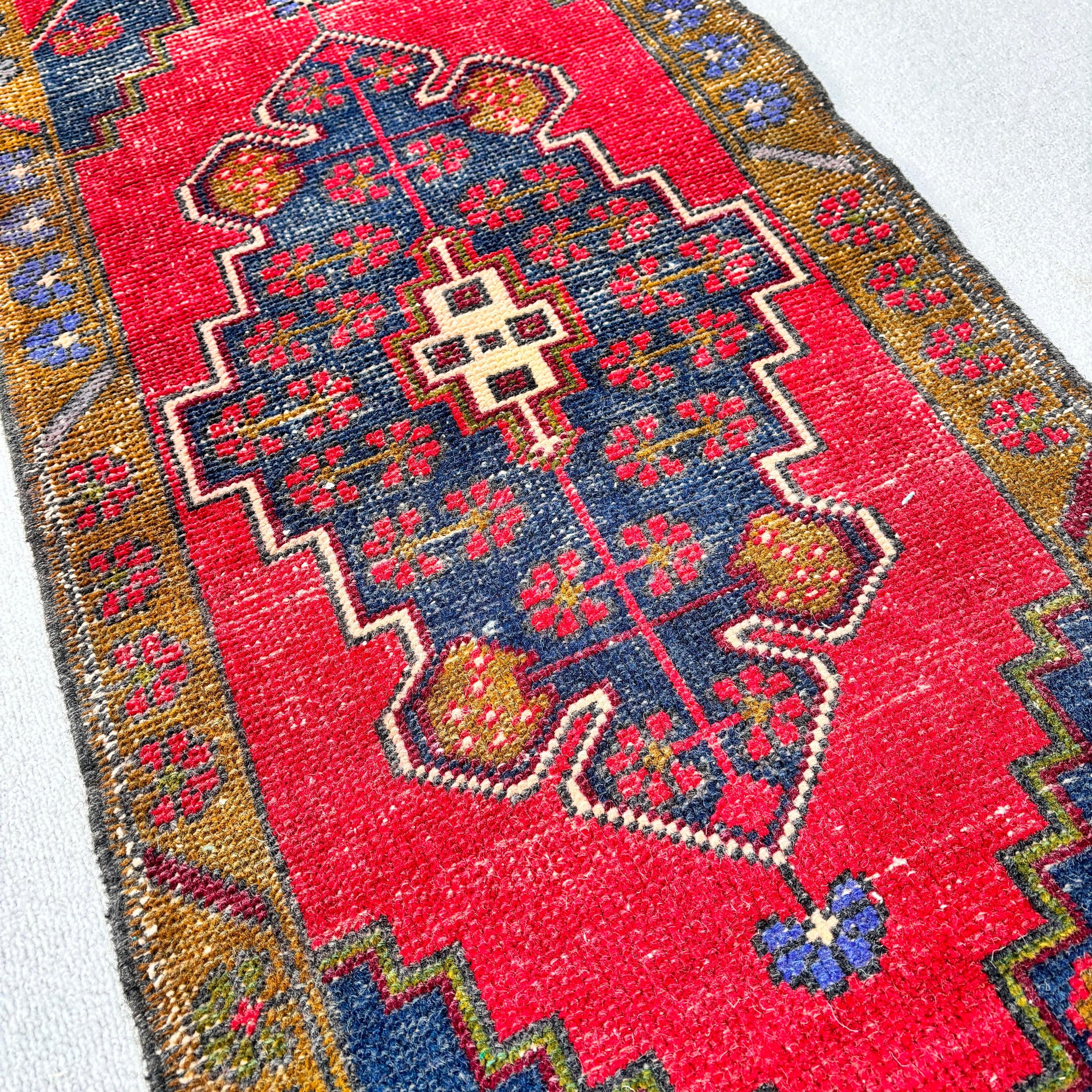 Turkish Rugs, Vintage Rug, Ethnic Rug, Geometric Rug, Small Area Rug, Kitchen Rug, Red Cool Rugs, 1.7x3.8 ft Small Rug, Small Vintage Rug