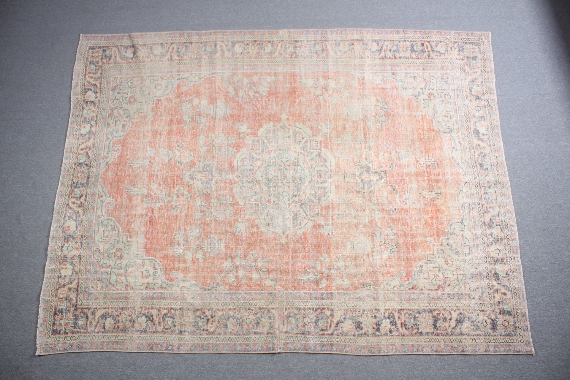 Living Room Rug, Vintage Rug, Orange  7.5x9.9 ft Oversize Rug, Turkish Rug, Anatolian Rug, Oushak Rug, Bohemian Rug, Salon Rug