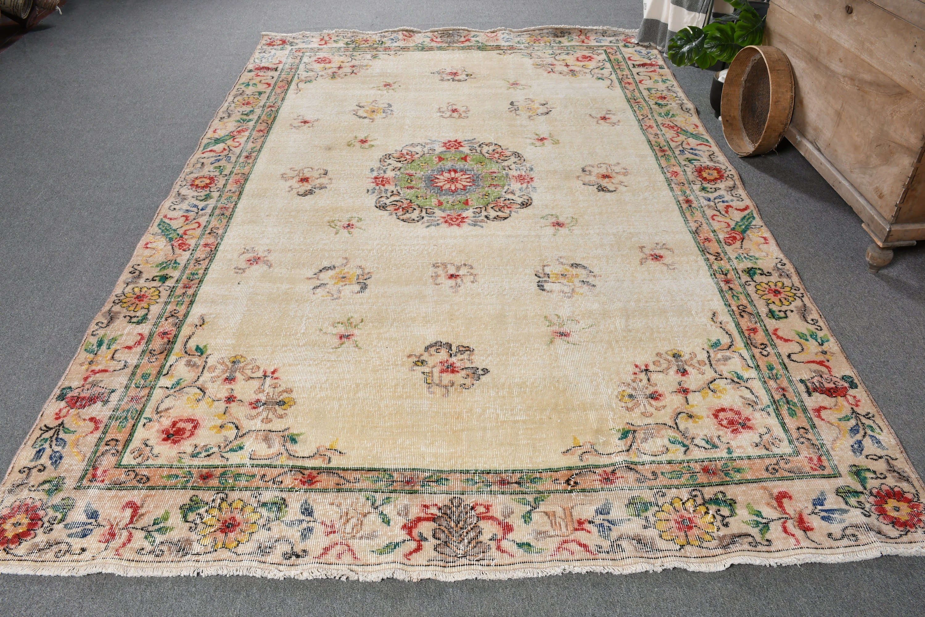 Antique Rug, Beige Antique Rugs, Salon Rugs, Dining Room Rugs, 6.6x9.8 ft Large Rug, Art Rugs, Turkish Rugs, Vintage Rug