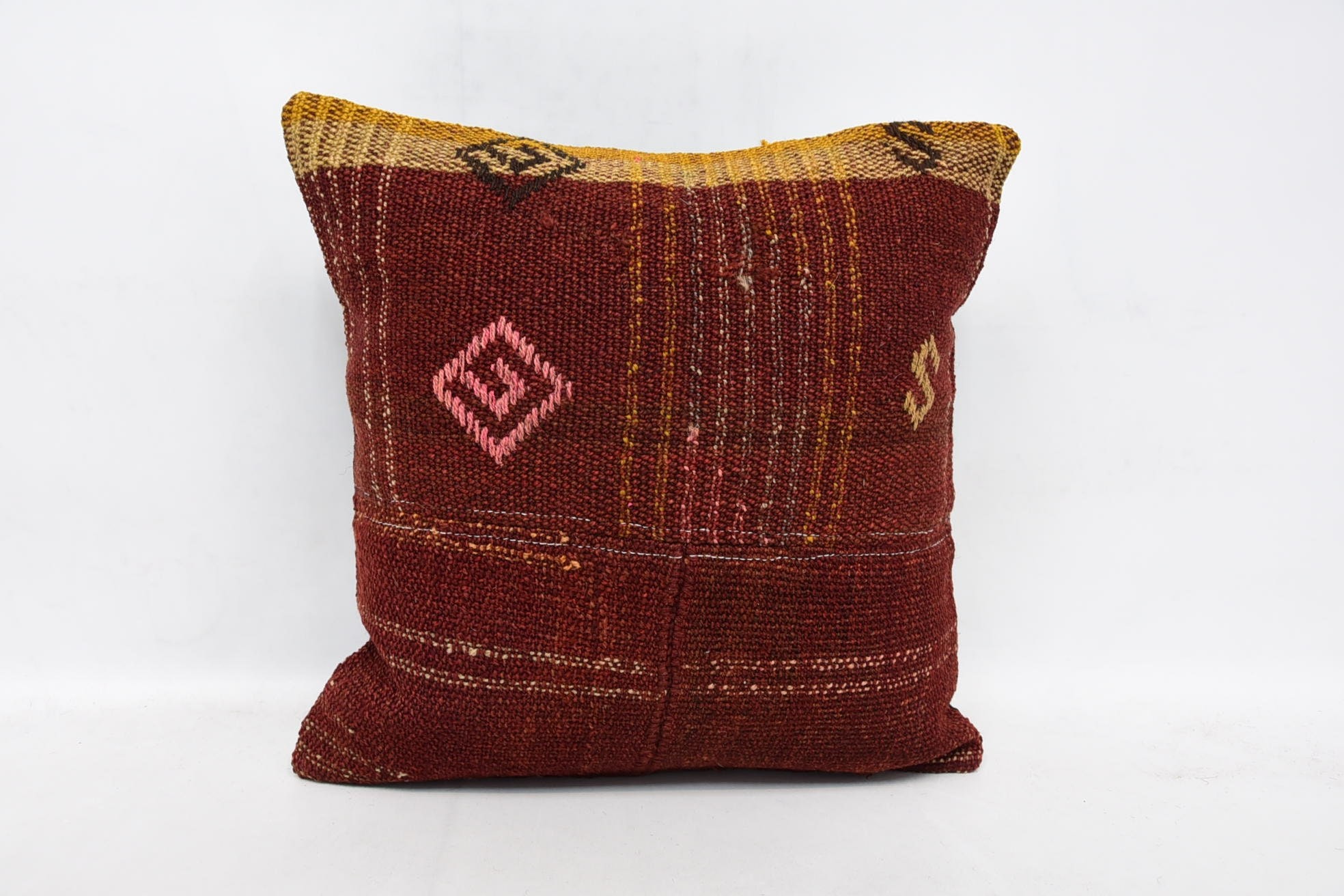 Turkish Kilim Pillow, Office Chair Pillow Case, Vintage Kilim Pillow, Boho Pillow Sham Cover, 16"x16" Red Pillow Cover