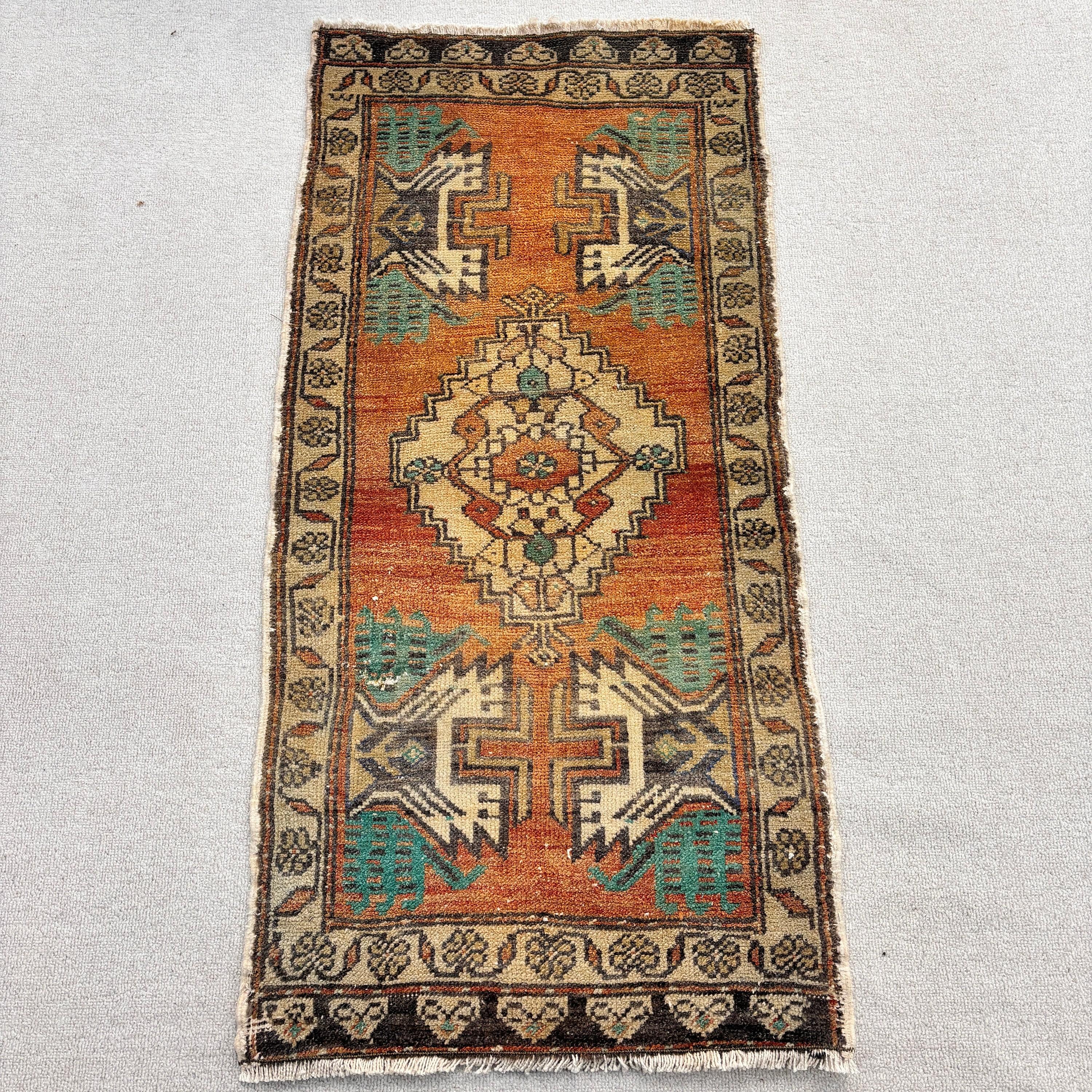 Kapı Paspası Halısı, Vintage Halı, 1.8x3.6 ft Küçük Halılar, Yatak Odası Halısı, Türk Halıları, Turuncu Yün Halı, Geometrik Halılar, Yer Halısı, Etnik Halılar