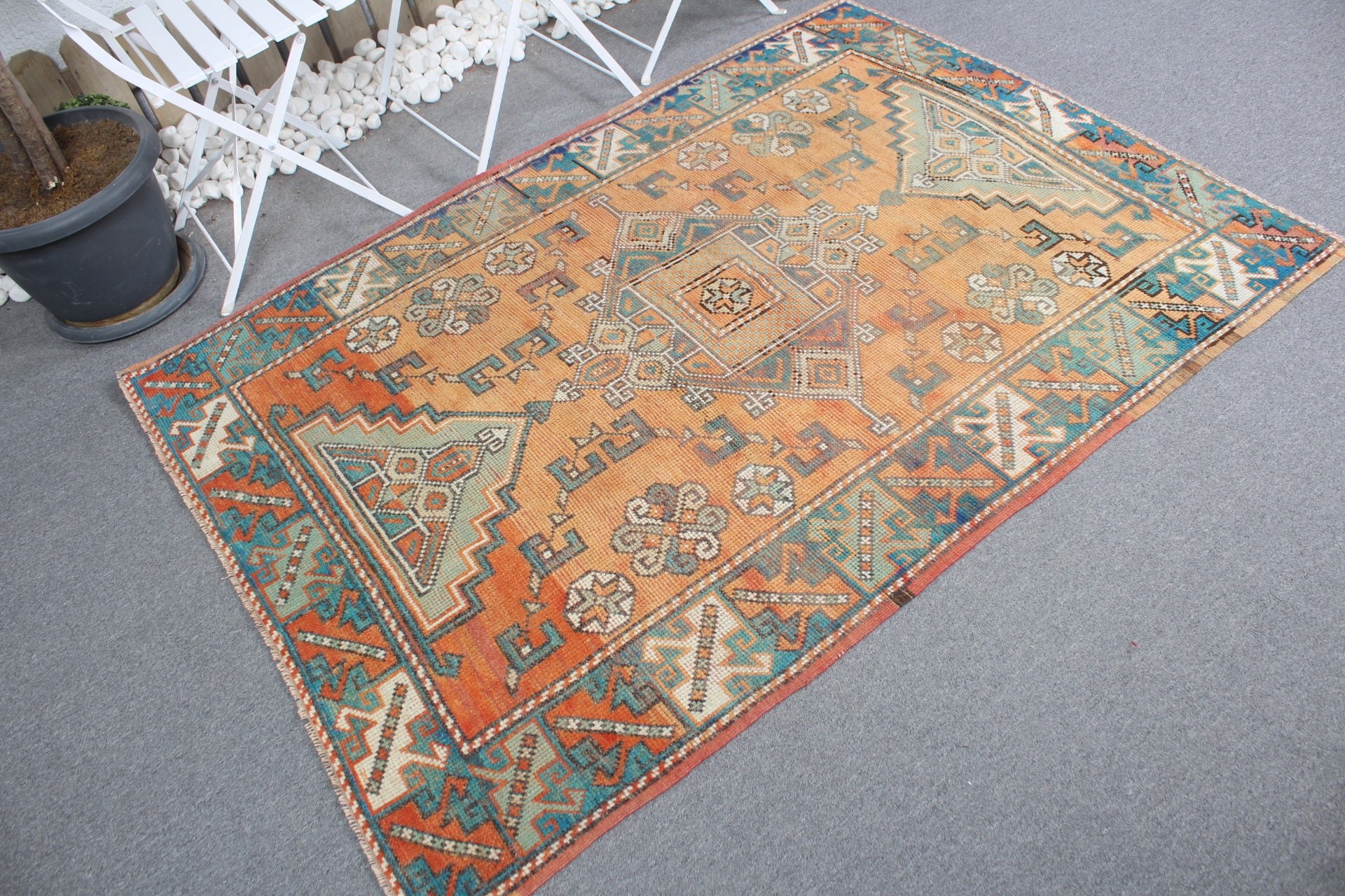 Rugs for Indoor, Orange Moroccan Rug, Wool Rug, Kitchen Rug, 4.2x6 ft Area Rug, Turkish Rug, Dining Room Rug, Vintage Rug