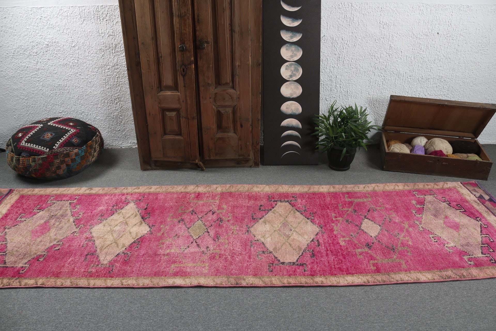 3.1x10.9 ft Runner Halı, Vintage Runner Halılar, Vintage Halı, Türk Halısı, Pembe Anadolu Halıları, Nötr Halılar, El Dokuma Halı, Koridor Halısı