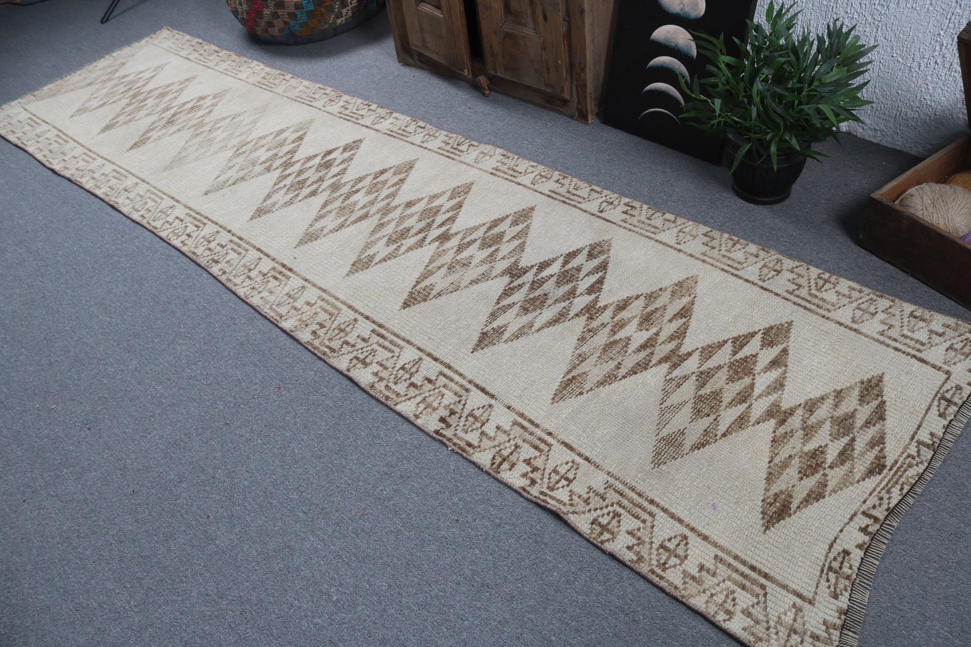 Türk Halısı, Uzun Koşucu Halıları, Bej Oushak Halısı, Vintage Runner Halısı, Vintage Halılar, 2.9x11.2 ft Runner Halısı, Antika Halılar, Harika Halılar