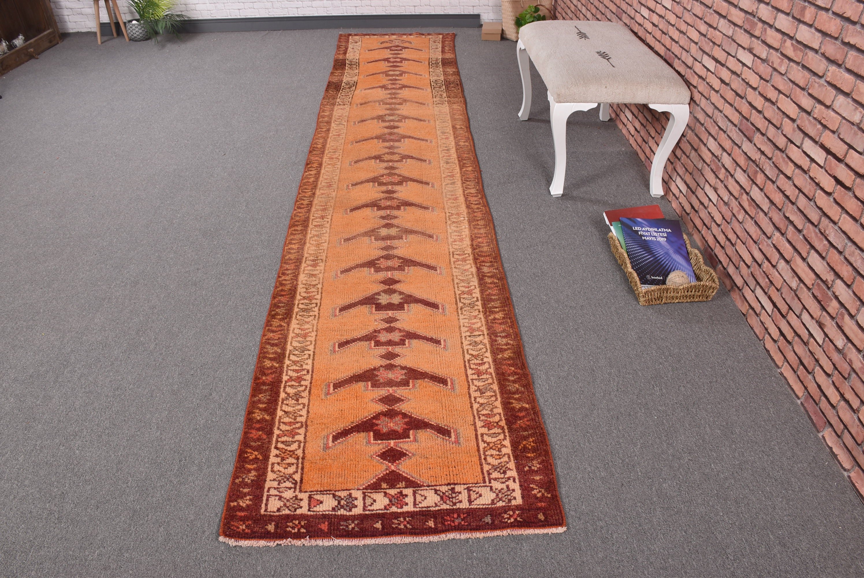 2.5x13 ft Runner Rugs, Turkish Rugs, Cool Rugs, Vintage Rug, Rugs for Hallway, Wool Rug, Orange Boho Rug, Long Runner Rug, Kitchen Rug