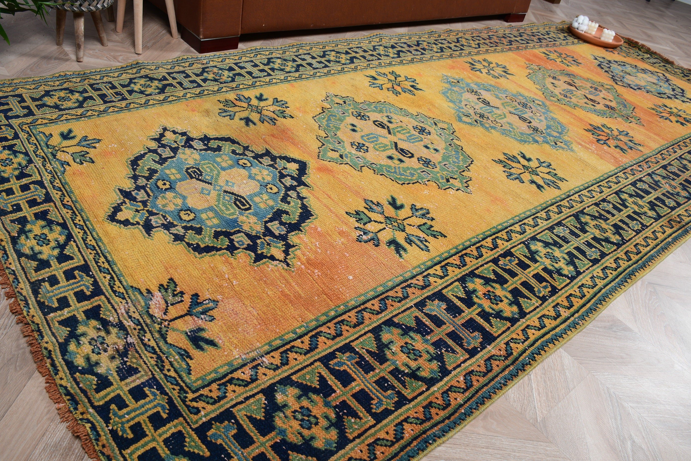 Sarı Mutfak Halısı, Yün Halıları, Salon Halısı, 4.6x10.6 ft Büyük Halı, Yurt Halıları, Türk Halısı, Vintage Halı, Oturma Odası Halıları, Fas Halısı