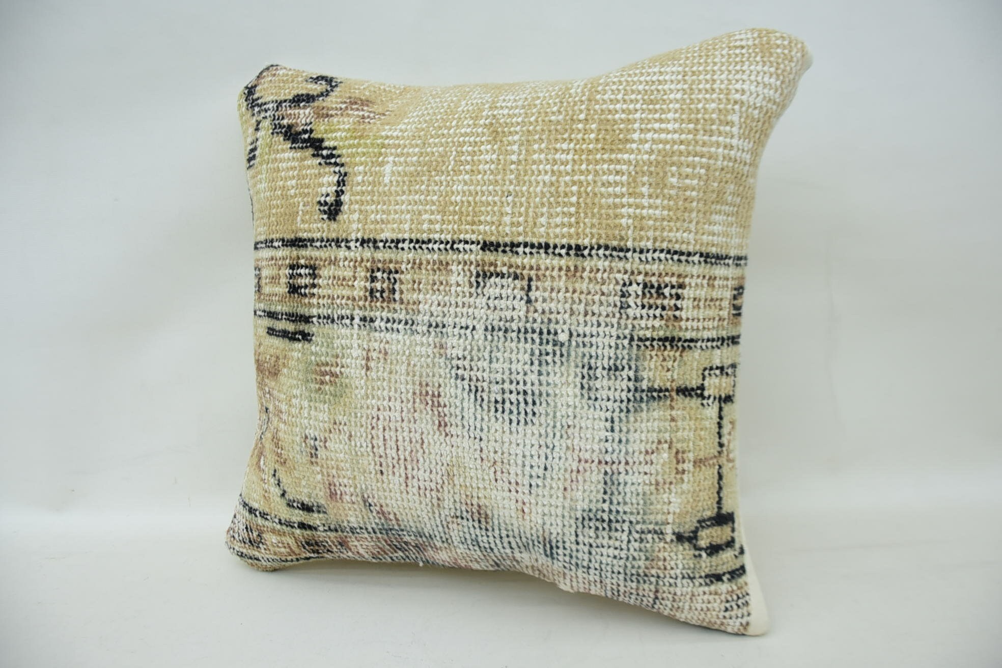 Vintage Kilim Throw Pillow, Ethnical Kilim Rug Pillow, Wool Kilim Pillow Cushion Case, Turkish Pillow, 16"x16" Beige Cushion Case