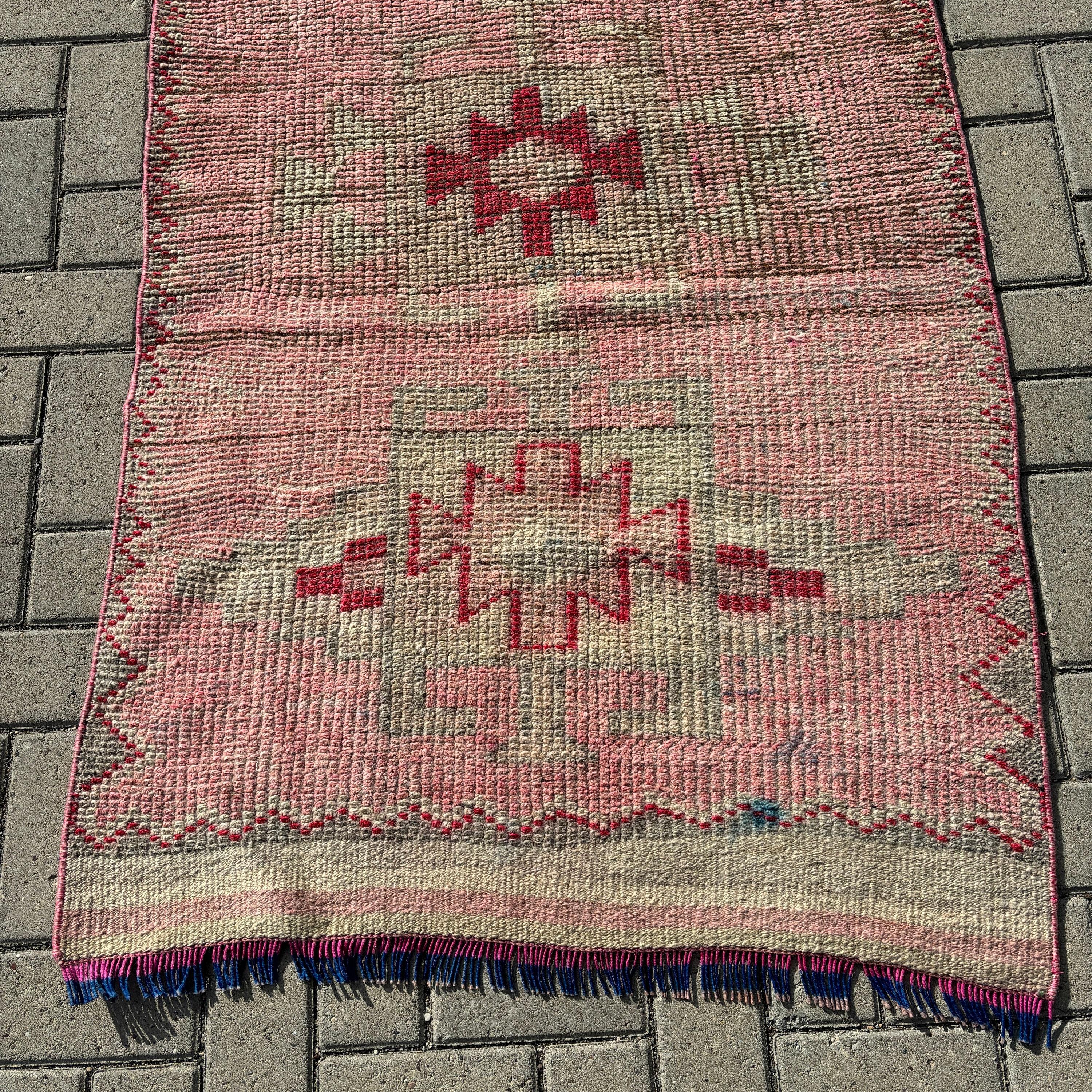 3x11.5 ft Runner Halı, Mutfak Halıları, Yün Halı, Vintage Halılar, Merdiven Halısı, Boho Halıları, Türk Halıları, Pembe Modern Halı, Uzun Koşucu Halıları