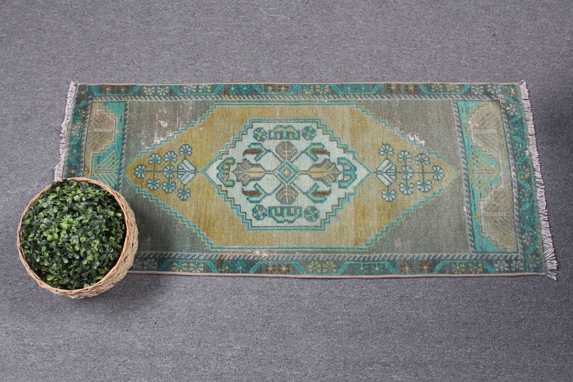 Turkish Rug, Car Mat Rug, Bath Rugs, Home Decor Rug, Green Antique Rugs, Vintage Rugs, 1.5x3.6 ft Small Rug, Floor Rug, Rugs for Car Mat