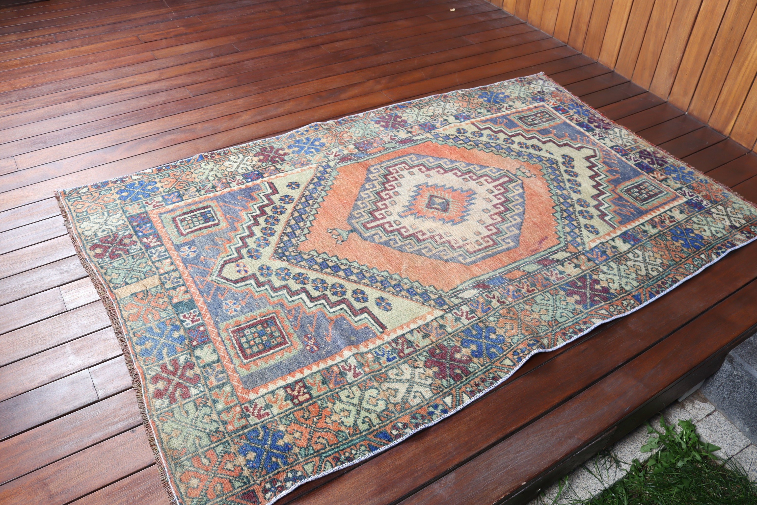 Yer Halısı, Yün Halılar, Türk Halıları, 3,6x5,7 ft Vurgulu Halılar, Boho Vurgulu Halı, Giriş Halıları, Turuncu Geometrik Halılar, Vintage Halı, Açıklama Halıları