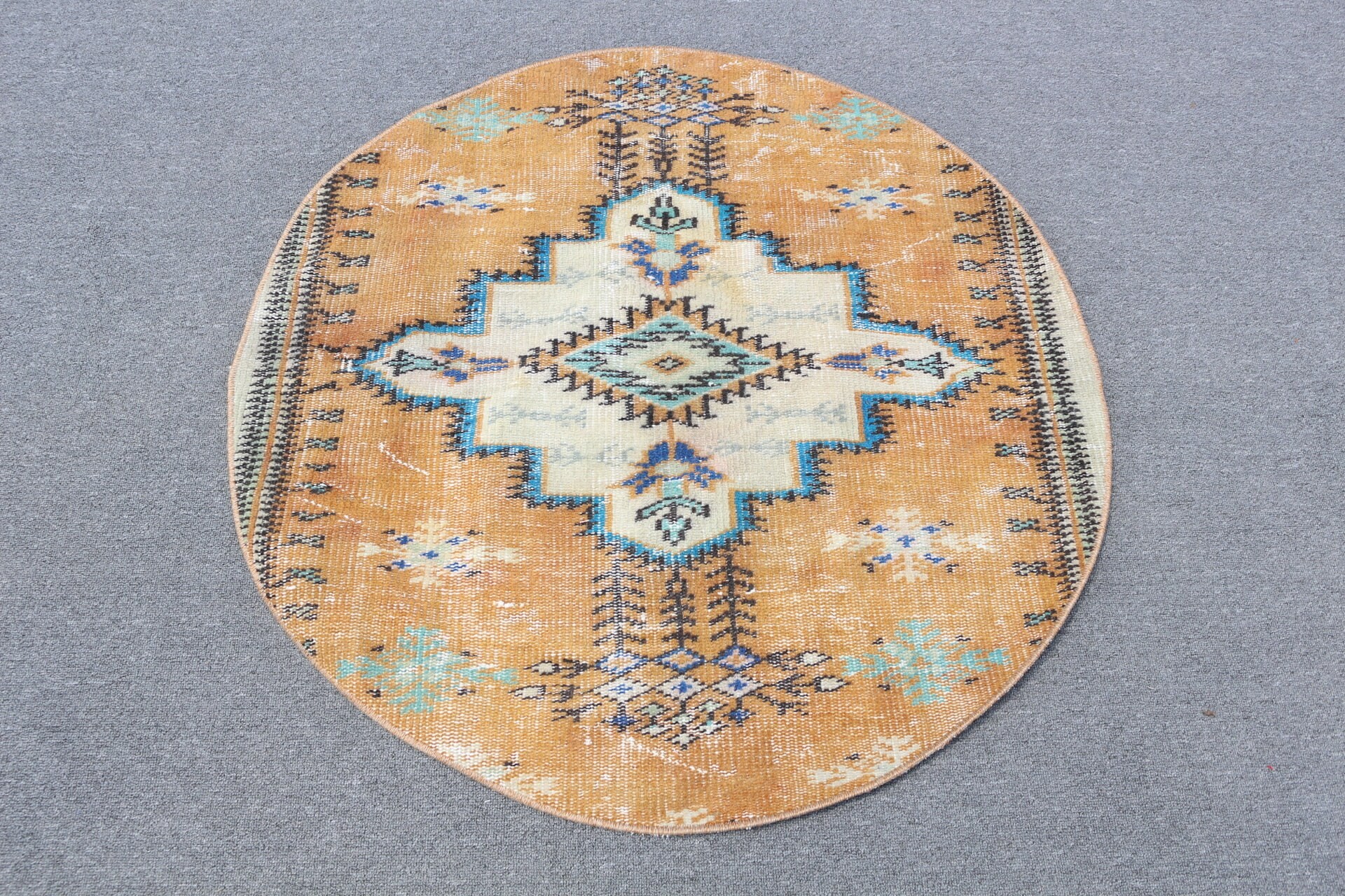 Turuncu Antika Halı, Vintage Halı, El Yapımı Halı, 3.3x3.2 ft Küçük Halı, Araba Paspas Halısı, Yatak Odası Halısı, Türk Halısı, Ev Dekor Halısı, Fas Halısı