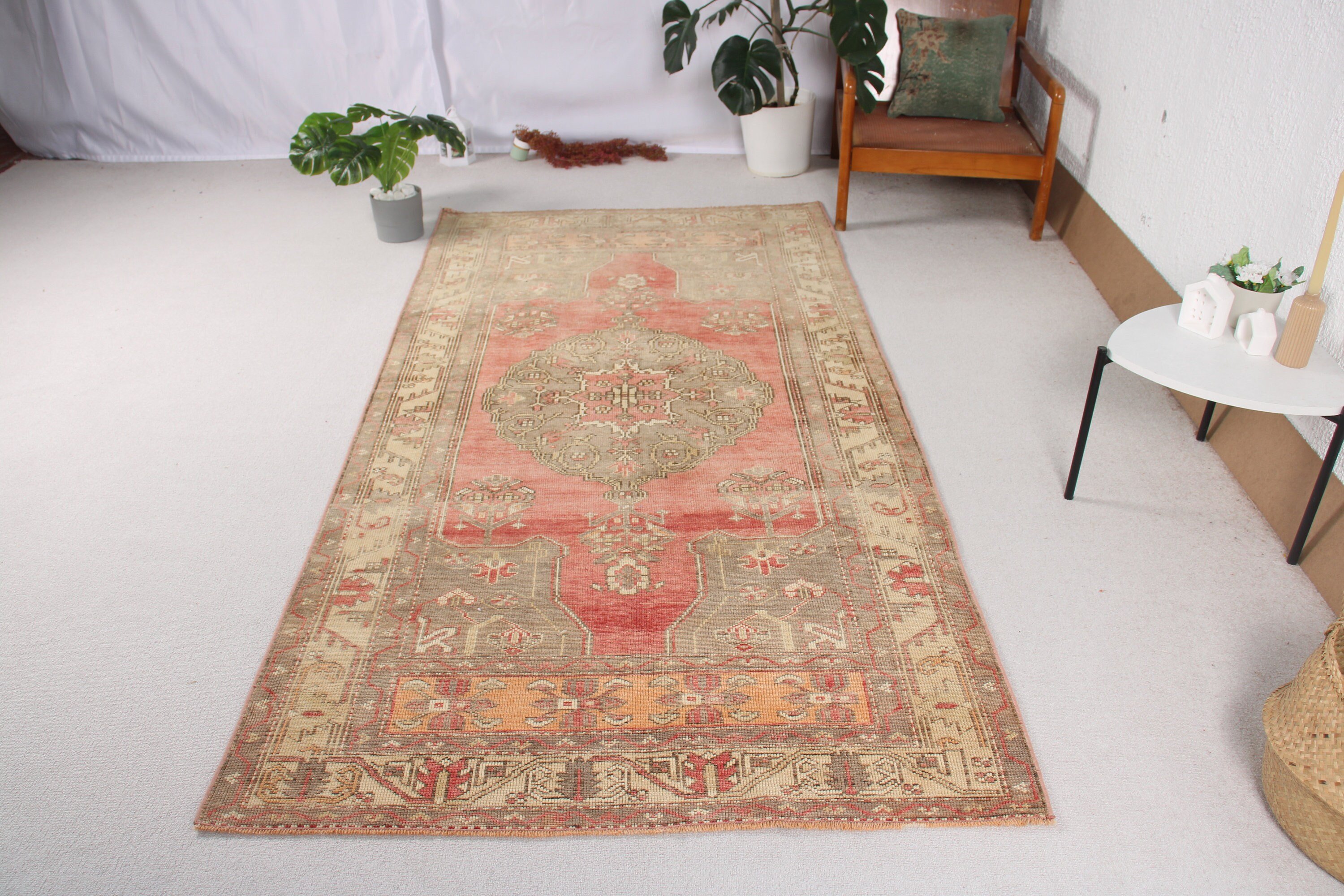 Oushak Bölge Halısı, 4.2x8.2 ft Alan Halısı, Çocuk Halısı, Kırmızı Oryantal Halı, El Dokuma Halılar, Vintage Halılar, Soğuk Halı, Türk Halısı, Yatak Odası Halıları