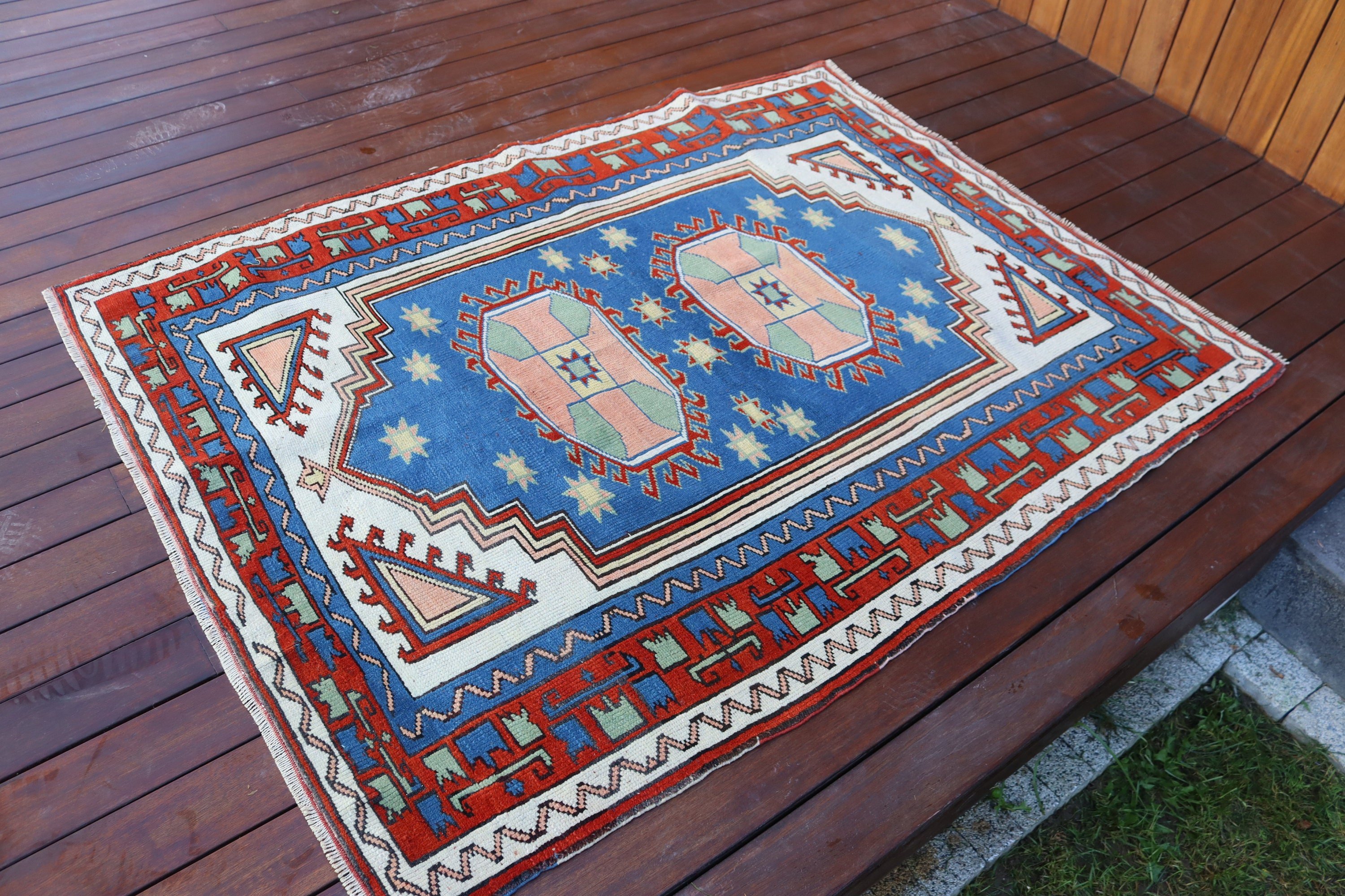 Home Decor Rugs, Blue Oushak Rug, Bedroom Rugs, 3.9x4.9 ft Accent Rugs, Turkish Rug, Moroccan Rug, Vintage Accent Rug, Vintage Rugs