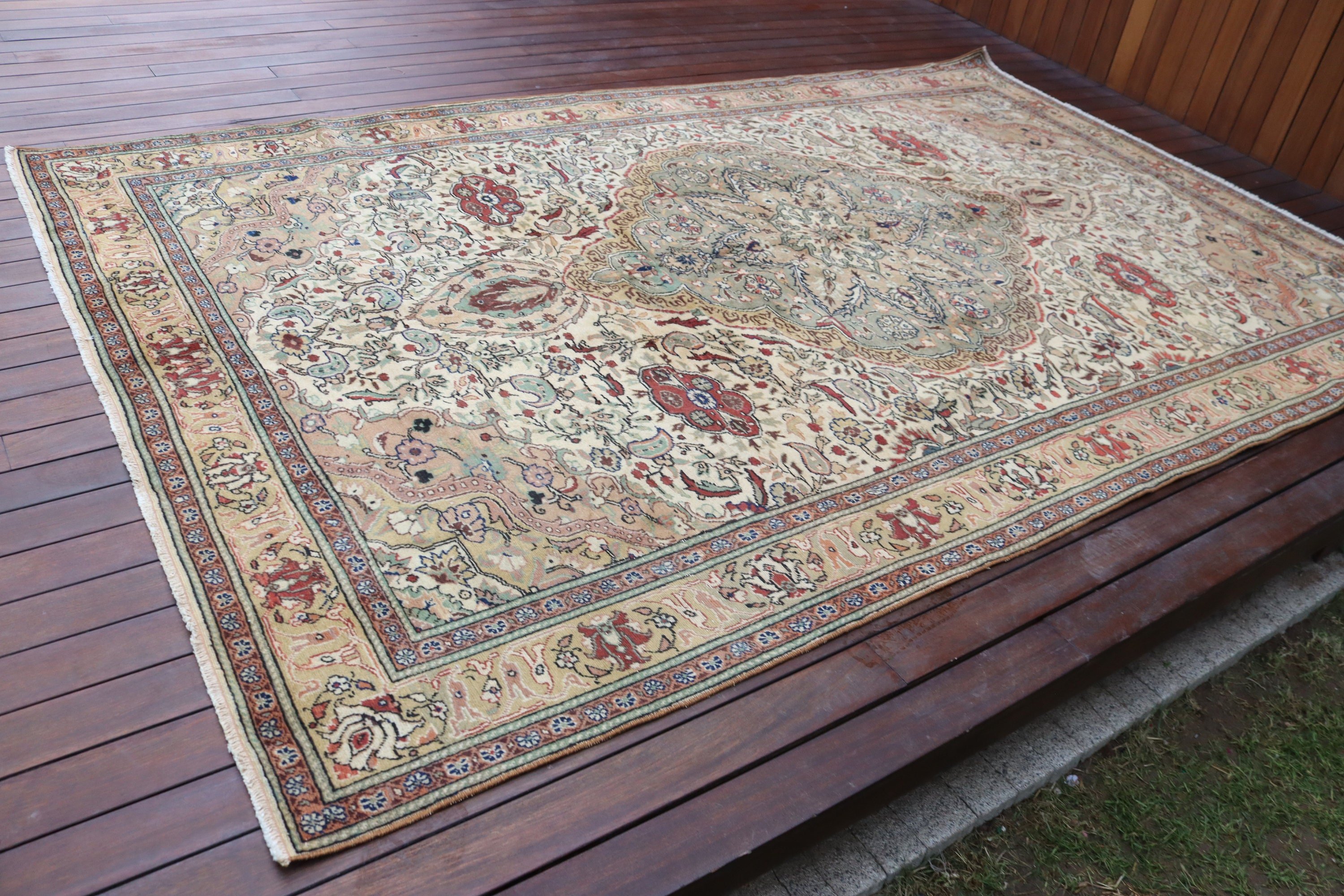 Aztek Halısı, Bej Modern Halılar, 6.5x10.3 ft Büyük Halılar, Yemek Odası Halısı, El Dokuma Halılar, Vintage Halı, Yatak Odası Halısı, Türk Halısı