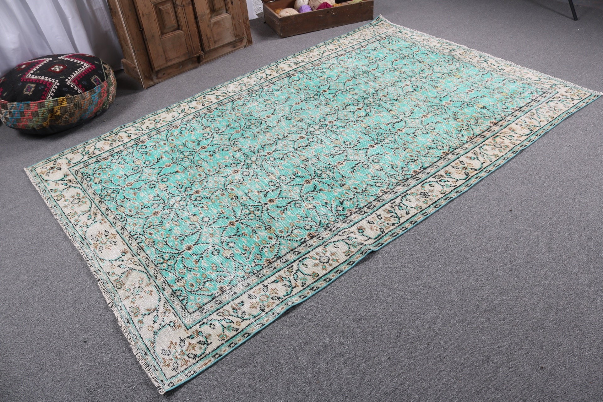 Green Kitchen Rugs, Turkish Rug, Artistic Rug, Dining Room Rug, 5.3x8.4 ft Large Rugs, Vintage Rugs, Large Boho Rug, Wool Rug