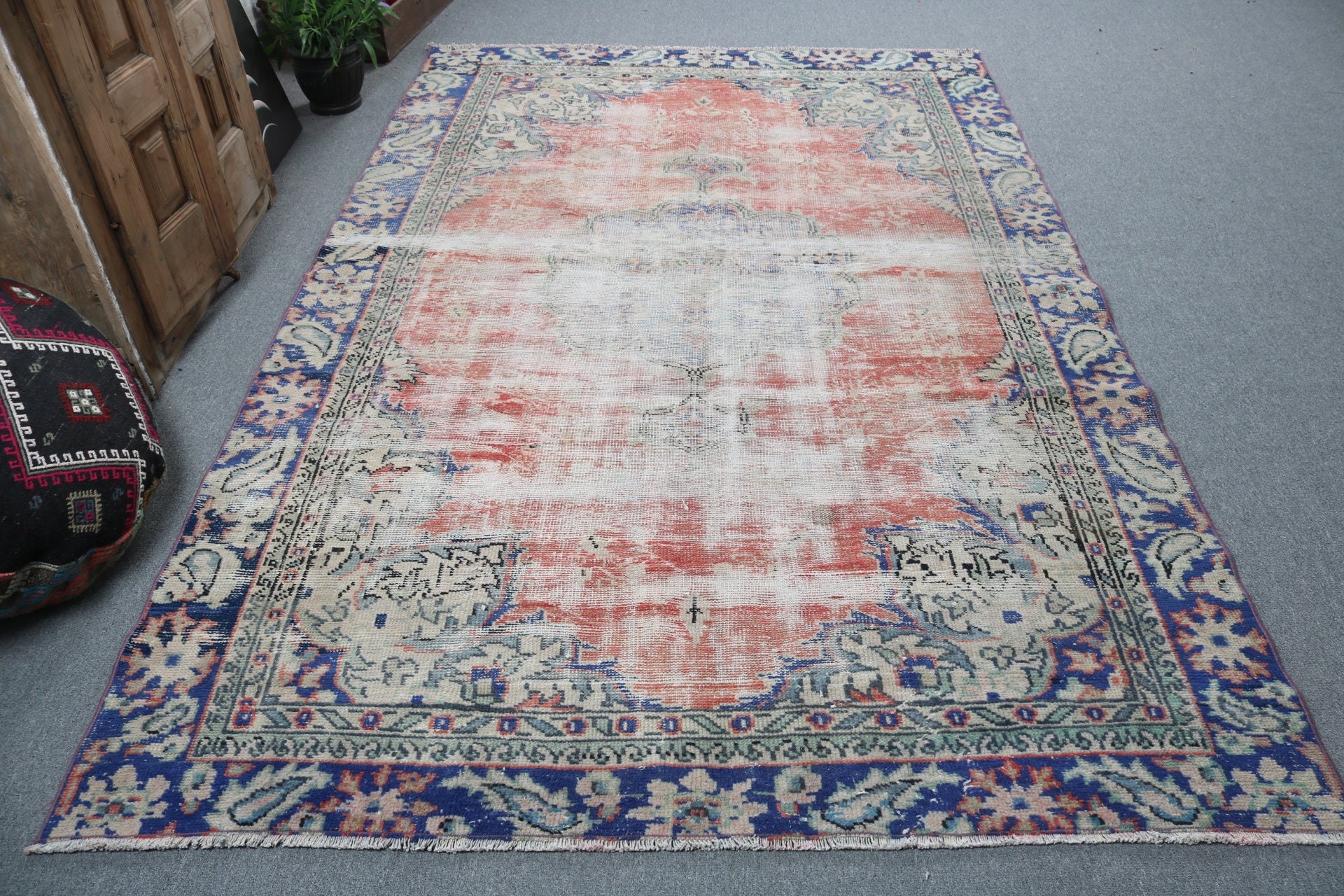 Oturma Odası Halıları, Düz Dokuma Halılar, Kırmızı Açıklama Halısı, Vintage Halı, Türk Halısı, Geometrik Halı, Yemek Odası Halısı, 6x9,2 ft Büyük Halılar