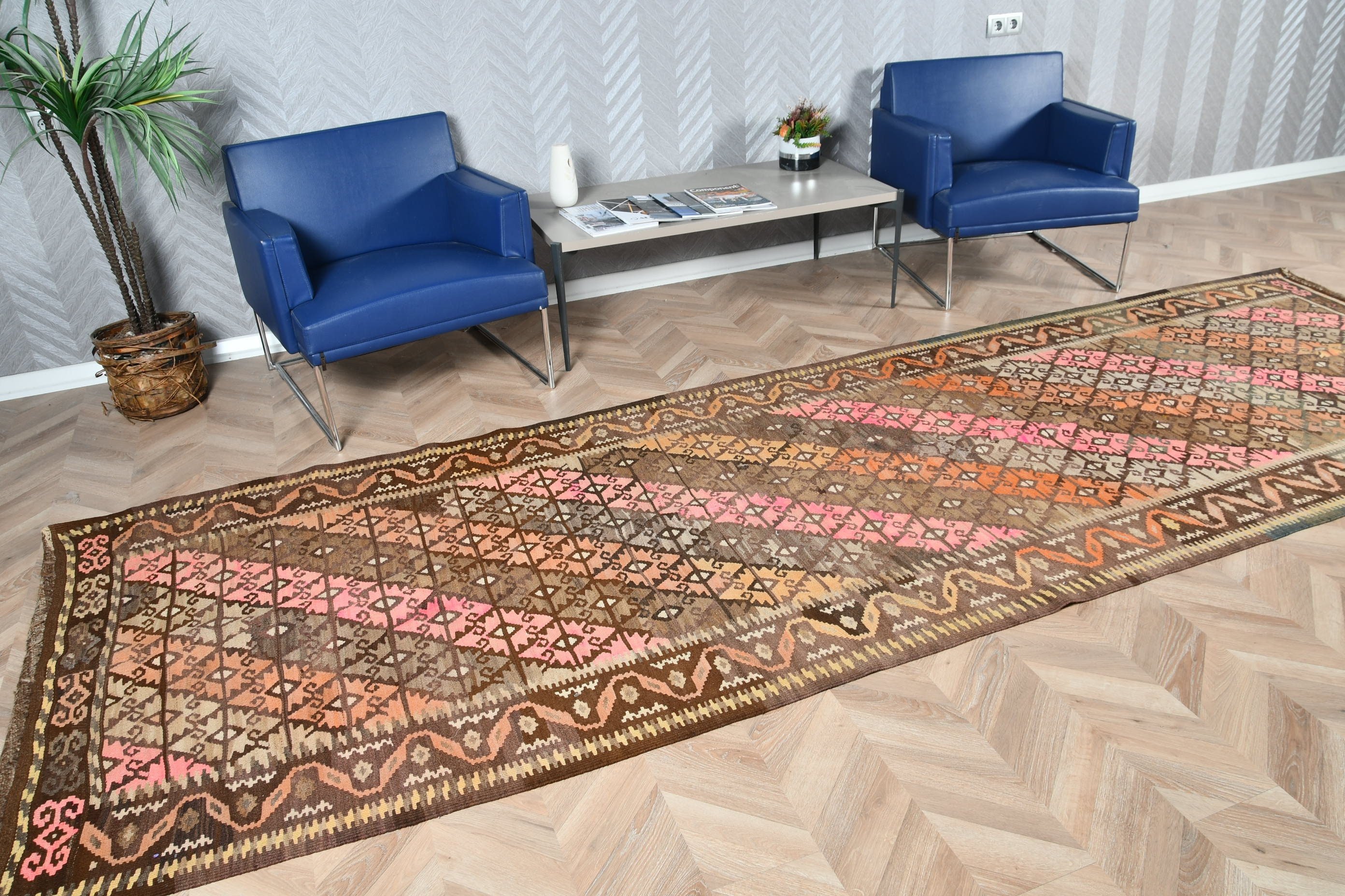 4.3x13.6 ft Runner Halısı, Vintage Halılar, Türk Halısı, Ofis Halıları, Fas Halısı, Runner Halıları, Kahverengi Yatak Odası Halısı, Merdiven Halısı