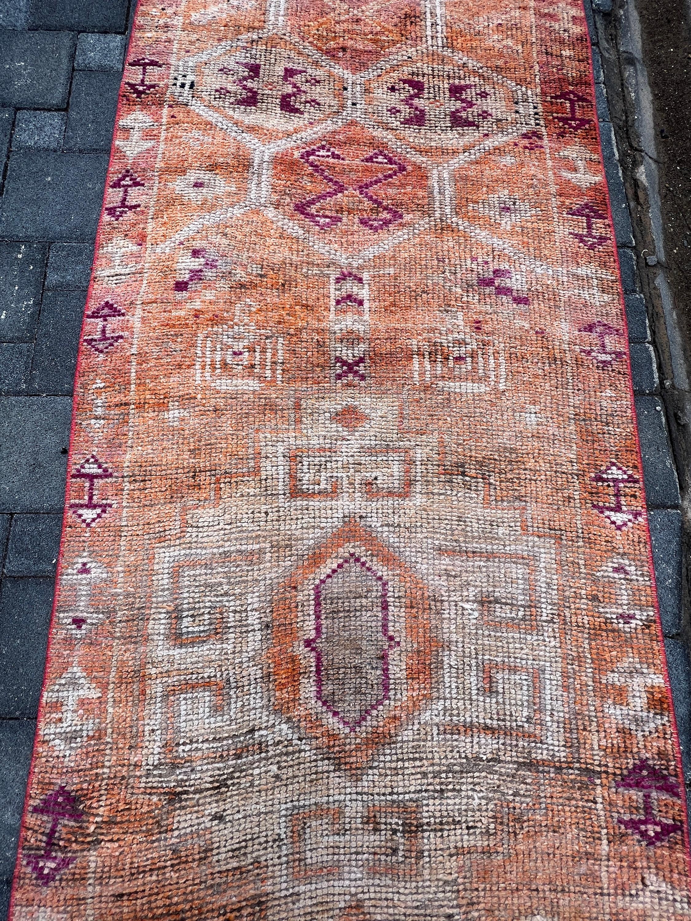 Vintage Rugs, Pale Rugs, Hallway Rug, Stair Rug, 3.1x11.7 ft Runner Rug, Turkish Rug, Moroccan Rugs, Orange Anatolian Rugs