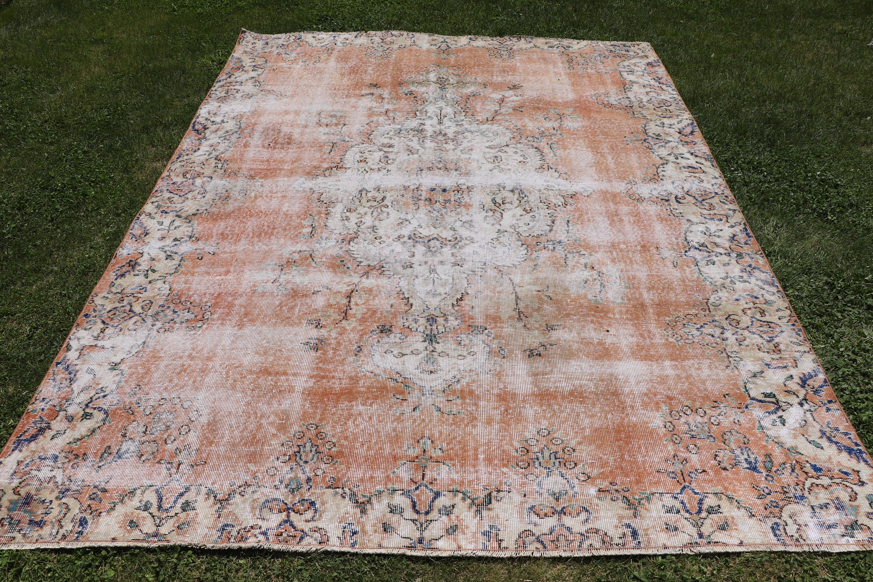 Turkish Rugs, Floor Rug, Moroccan Rug, Salon Rugs, Orange Antique Rug, Vintage Rugs, 6.7x9 ft Large Rugs, Large Oushak Rugs