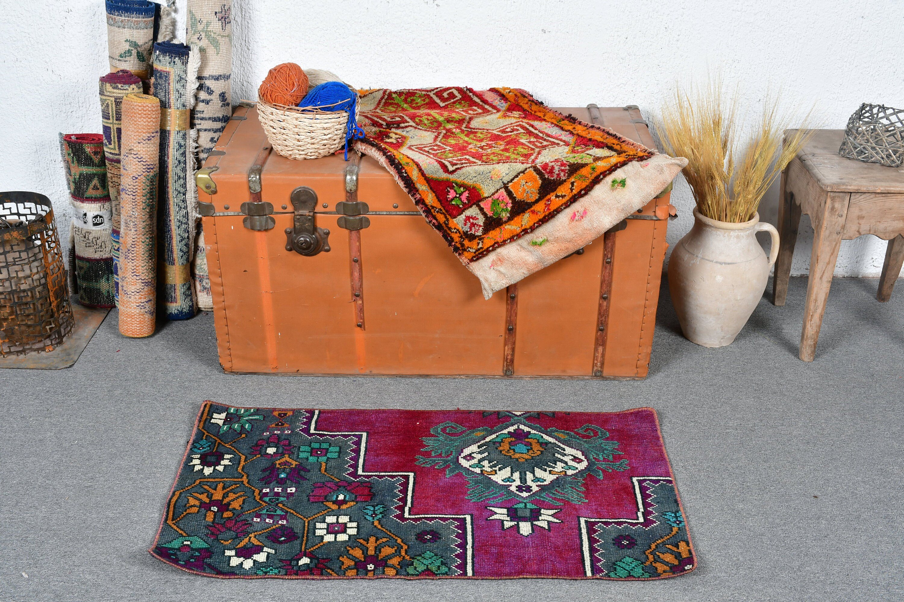 Rugs for Bathroom, Turkish Rug, Vintage Rug, 1.7x3.2 ft Small Rugs, Oushak Rug, Nursery Rug, Purple Moroccan Rug, Bath Rug, Kitchen Rug