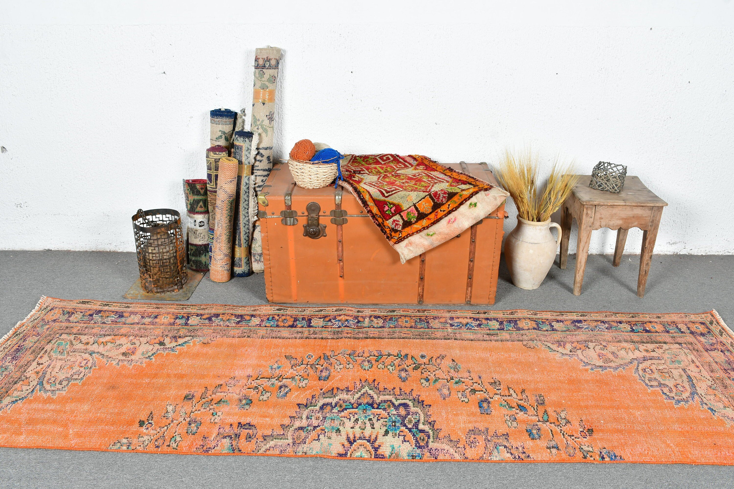 Turkish Rugs, Orange Oriental Rug, 2.9x9.5 ft Runner Rug, Hallway Rugs, Vintage Rug, Stair Rug, Rugs for Stair, Kitchen Rug