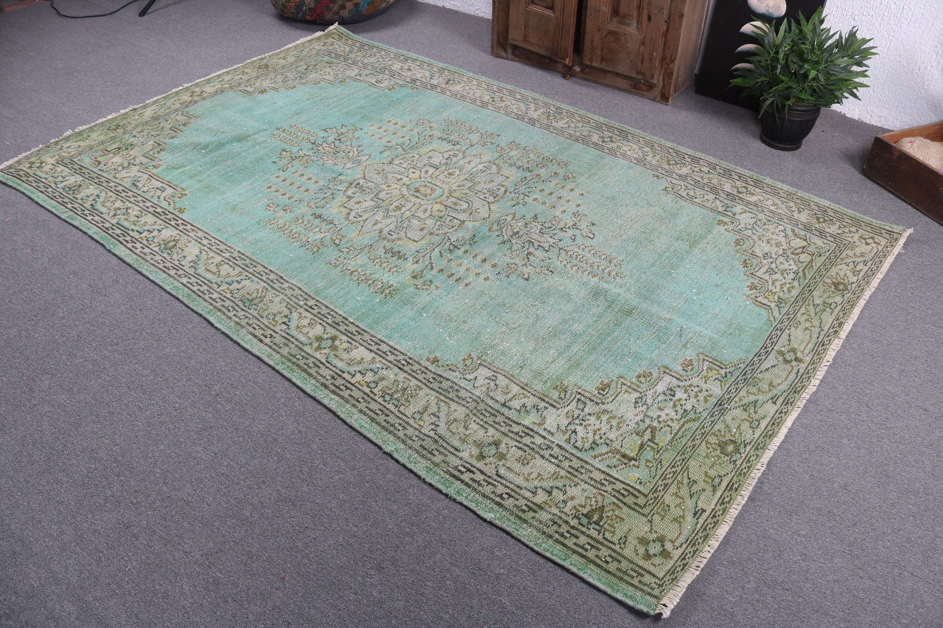 Dış Mekan Halıları, Boho Halıları, Türk Halısı, Yeşil Boho Halısı, Salon Halısı, Büyük Oushak Halıları, Vintage Halılar, 5,5x8,7 ft Büyük Halılar