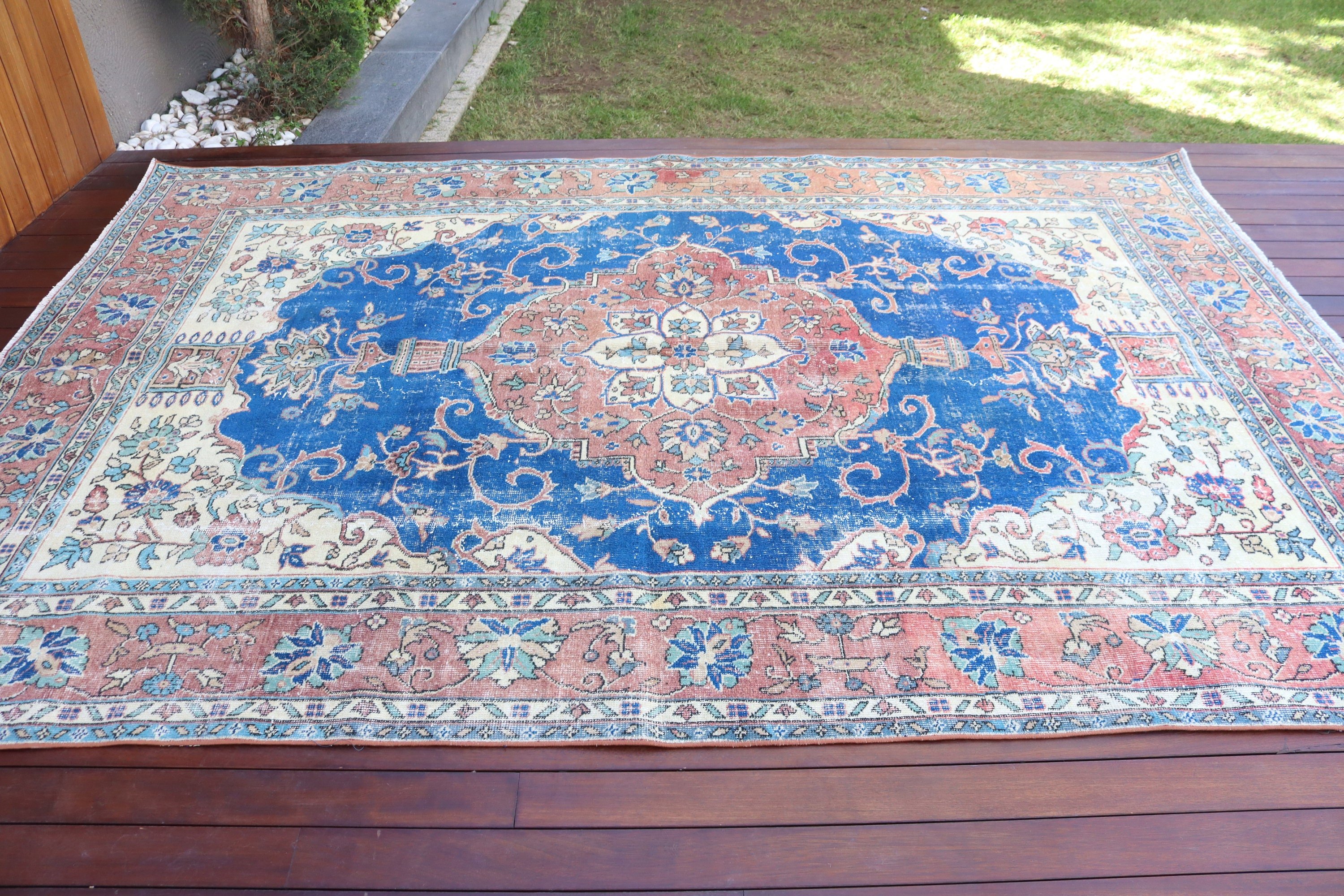 Büyük Vintage Halı, 6.8x9.8 ft Büyük Halılar, Büyük Boho Halı, Vintage Halı, Düz Dokuma Halı, Türk Halıları, Mavi Nötr Halılar