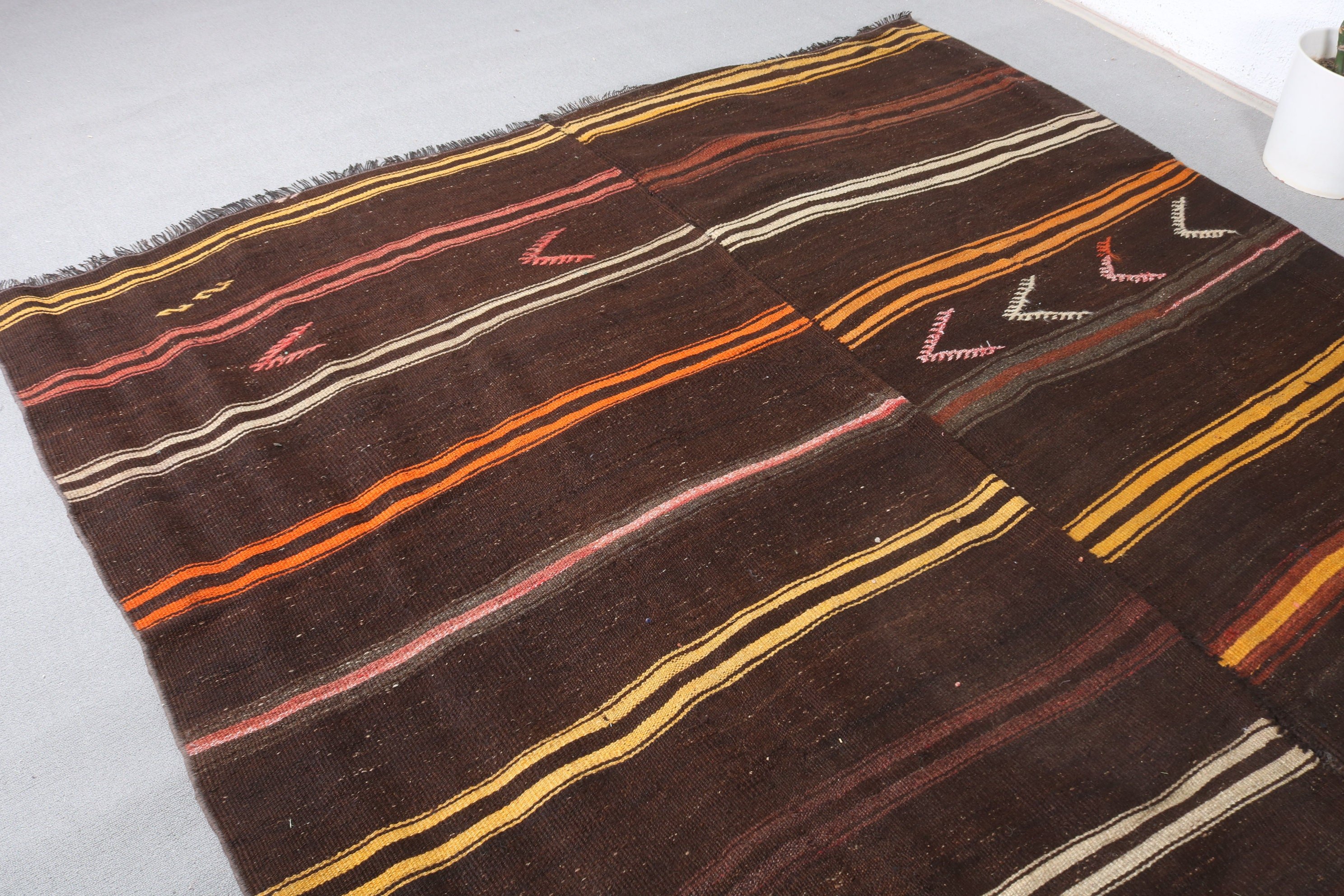 Kilim, Kahverengi 7.1x11.9 ft Büyük Boy Halı, Yün Halı, Vintage Halılar, Yatak Odası Halısı, Yemek Odası Halısı, Türk Halıları, Salon Halısı