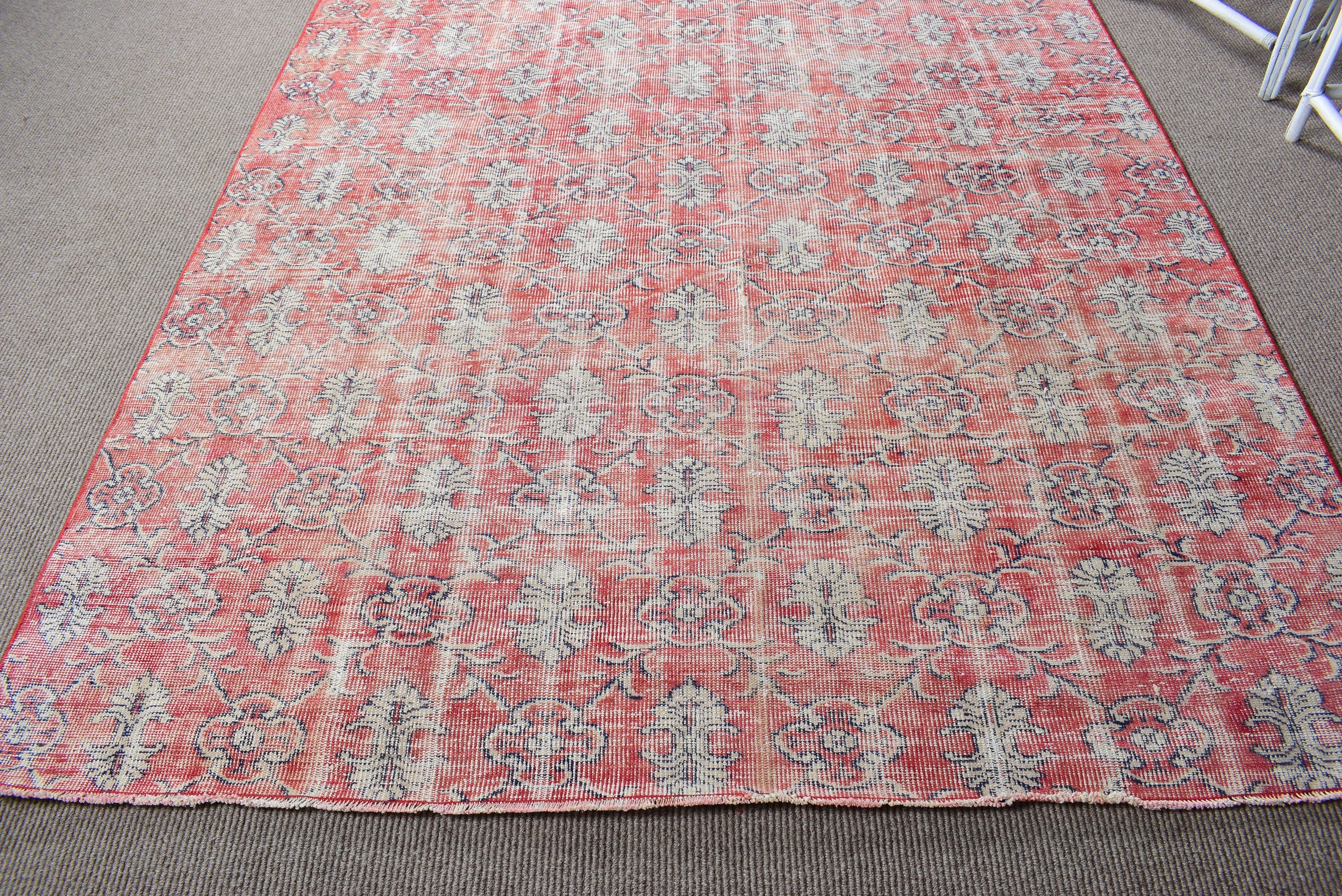 Kitchen Rug, Dining Room Rug, Vintage Rug, Office Rug, 6.2x7.9 ft Large Rug, Salon Rug, Red Luxury Rugs, Bedroom Rugs, Turkish Rug