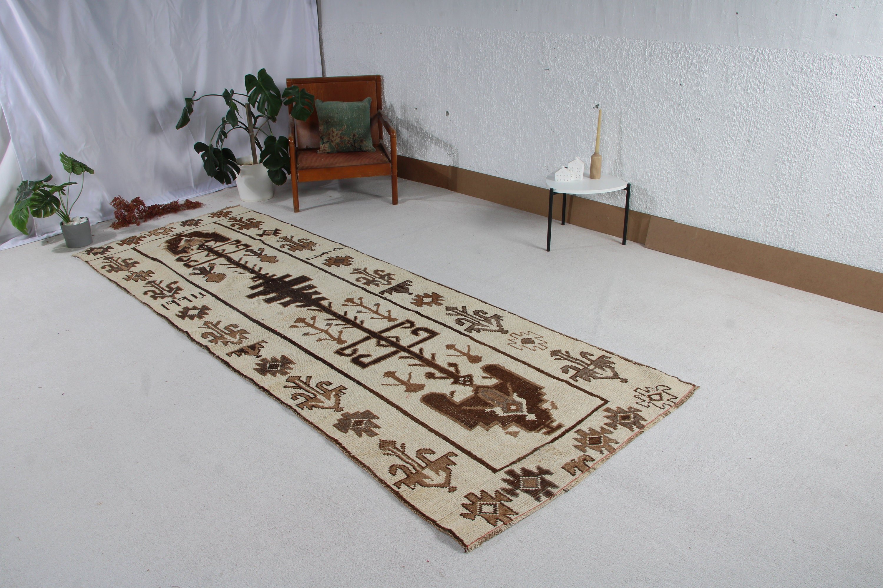 Koridor Halıları, Türk Halısı, Vintage Halılar, Mutfak Halısı, Vintage Runner Halısı, 3.8x10.8 ft Runner Halıları, Kahverengi Yer Halısı, Anadolu Halısı, Boho Halısı