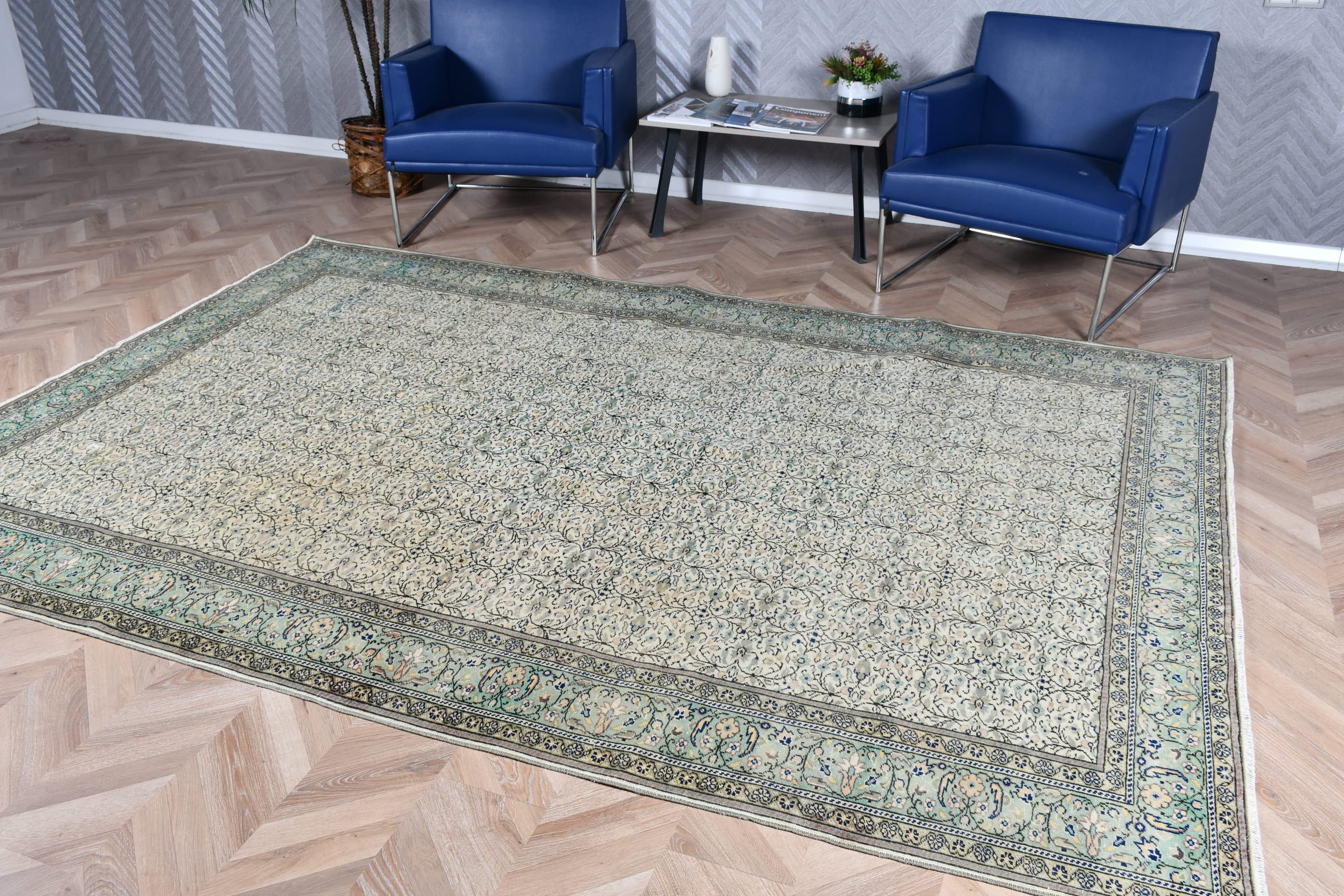 Türk Halısı, 6.5x9.4 ft Büyük Halı, Vintage Halı, Soluk Halı, Fas Halıları, Bej Oushak Halısı, Salon Halıları, Oturma Odası Halıları, Anadolu Halısı