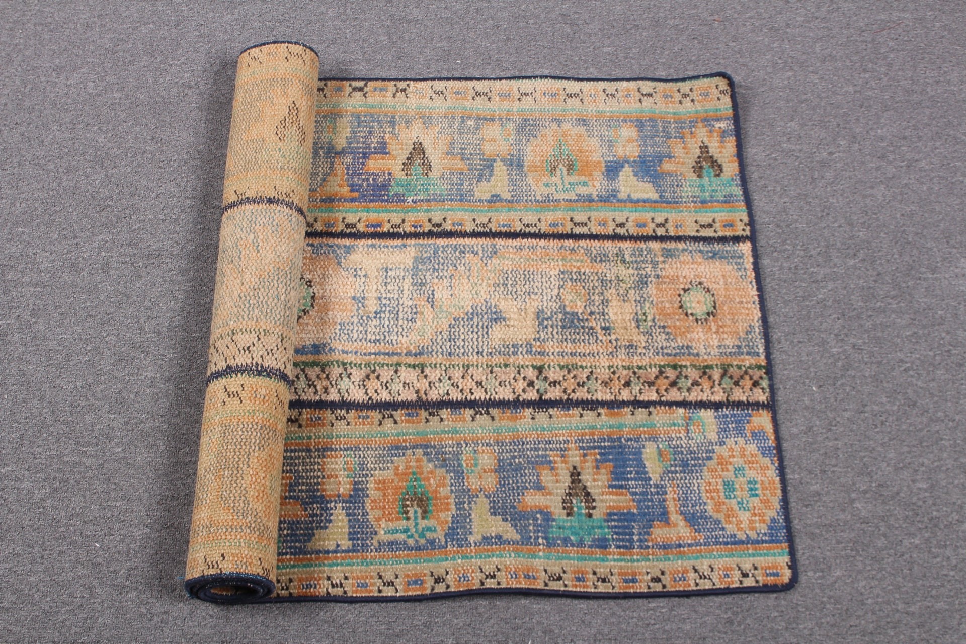 Mavi Oryantal Halı, Vintage Halı, Kabile Halısı, 2.2x4.2 ft Küçük Halılar, Oryantal Halı, Anadolu Halısı, Kapı Paspası Halısı, Yatak Odası Halısı, Türk Halısı