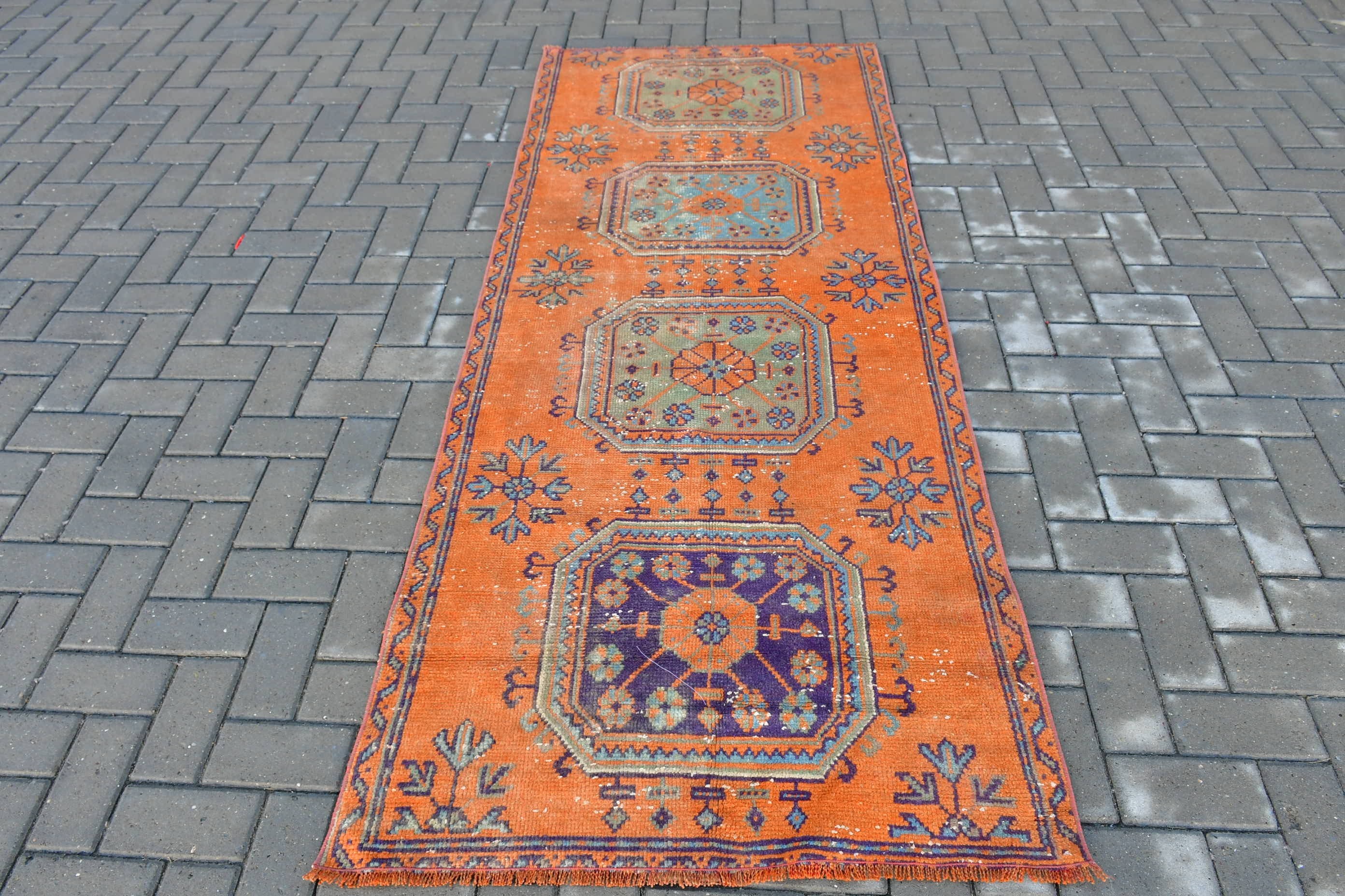 Turuncu Anadolu Halısı, Vintage Halılar, Çocuk Halısı, Göçebe Halısı, Yatak Odası Halıları, Türk Halısı, Ev Dekor Halısı, 3.1x7.7 ft Accent Halısı, Yün Halıları