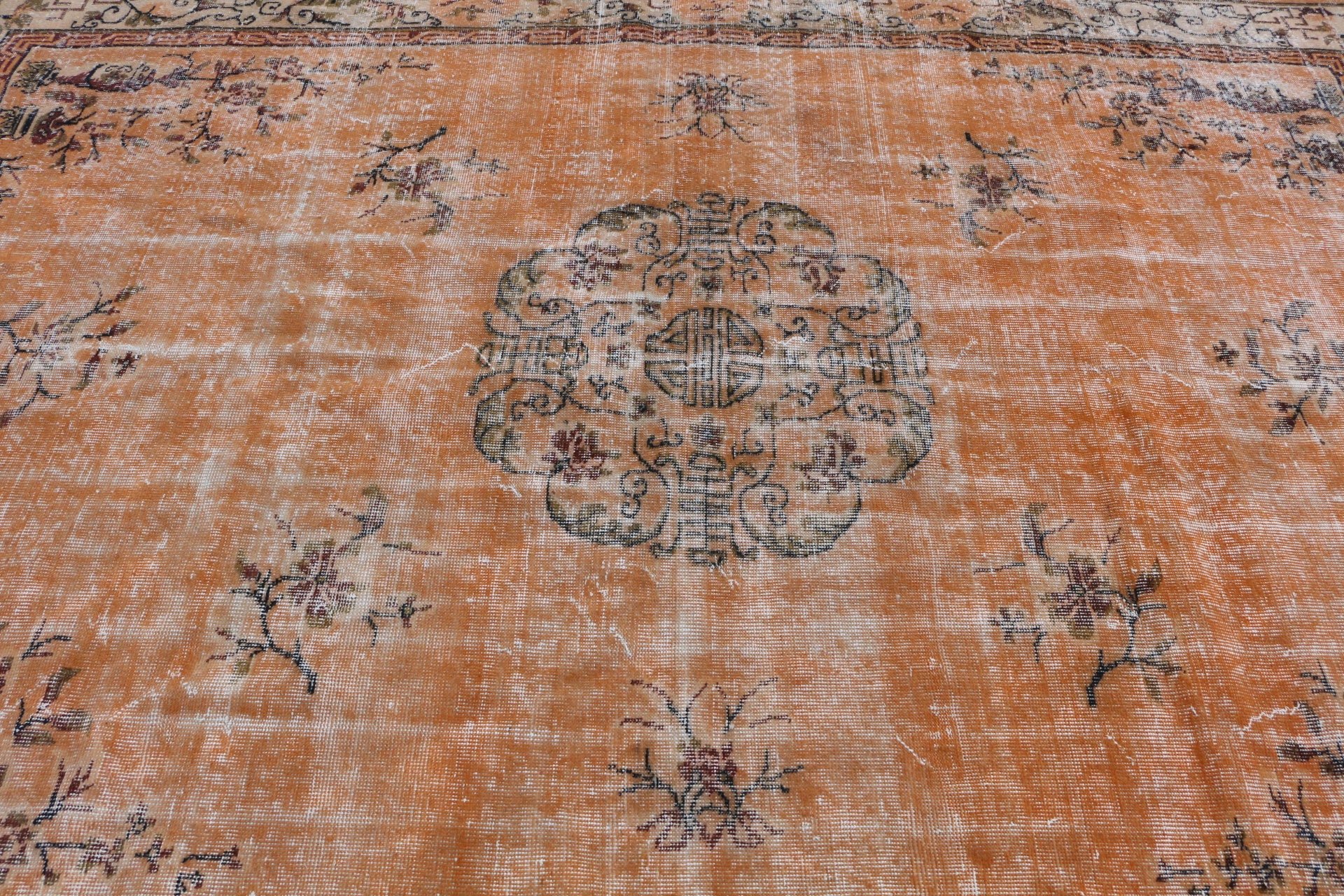 7.3x10.1 ft Oversize Rugs, Saloon Rug, Dining Room Rug, Oriental Rugs, Vintage Rug, Turkish Rug, Orange Home Decor Rugs, Bedroom Rug