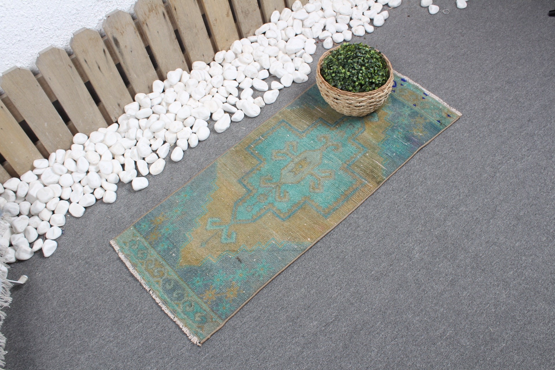 Wool Rug, Oushak Rugs, Door Mat Rugs, Green Anatolian Rug, Turkish Rugs, Bedroom Rug, 1.4x3.4 ft Small Rug, Rugs for Car Mat, Vintage Rug