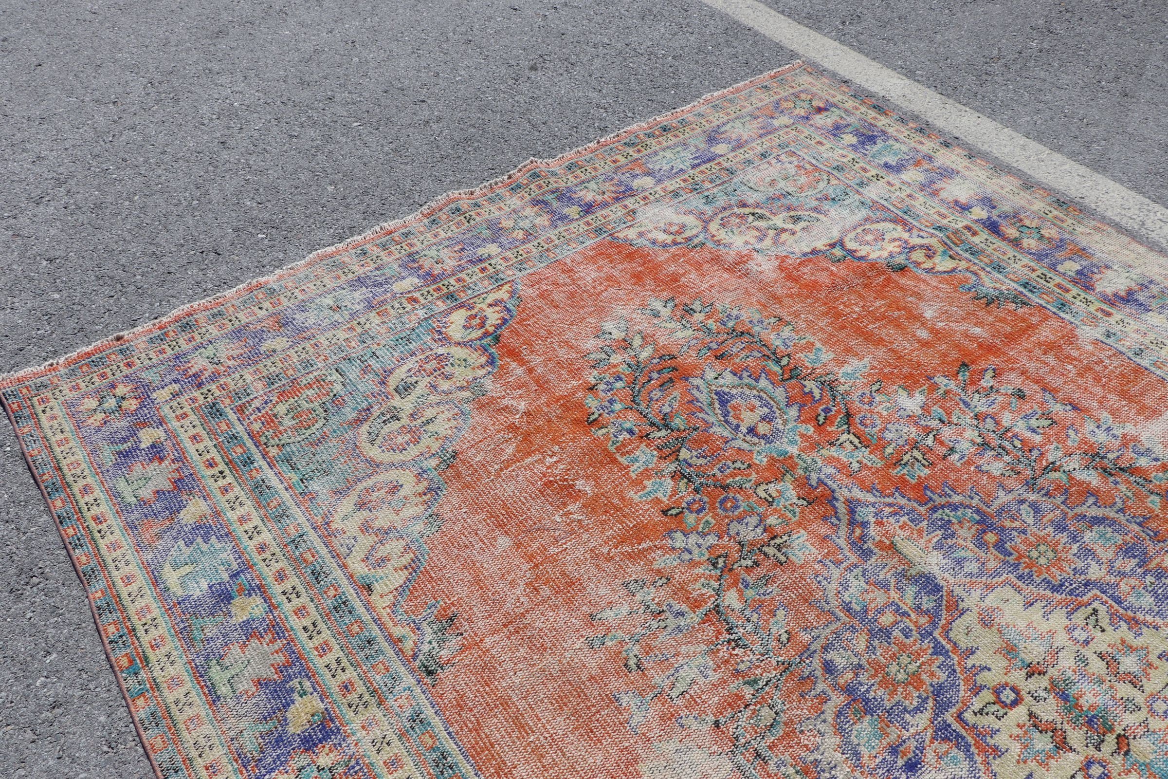 Turkish Rugs, Orange Oriental Rugs, Vintage Rug, Kitchen Rug, Living Room Rugs, Saloon Rug, 7.3x11.2 ft Oversize Rugs