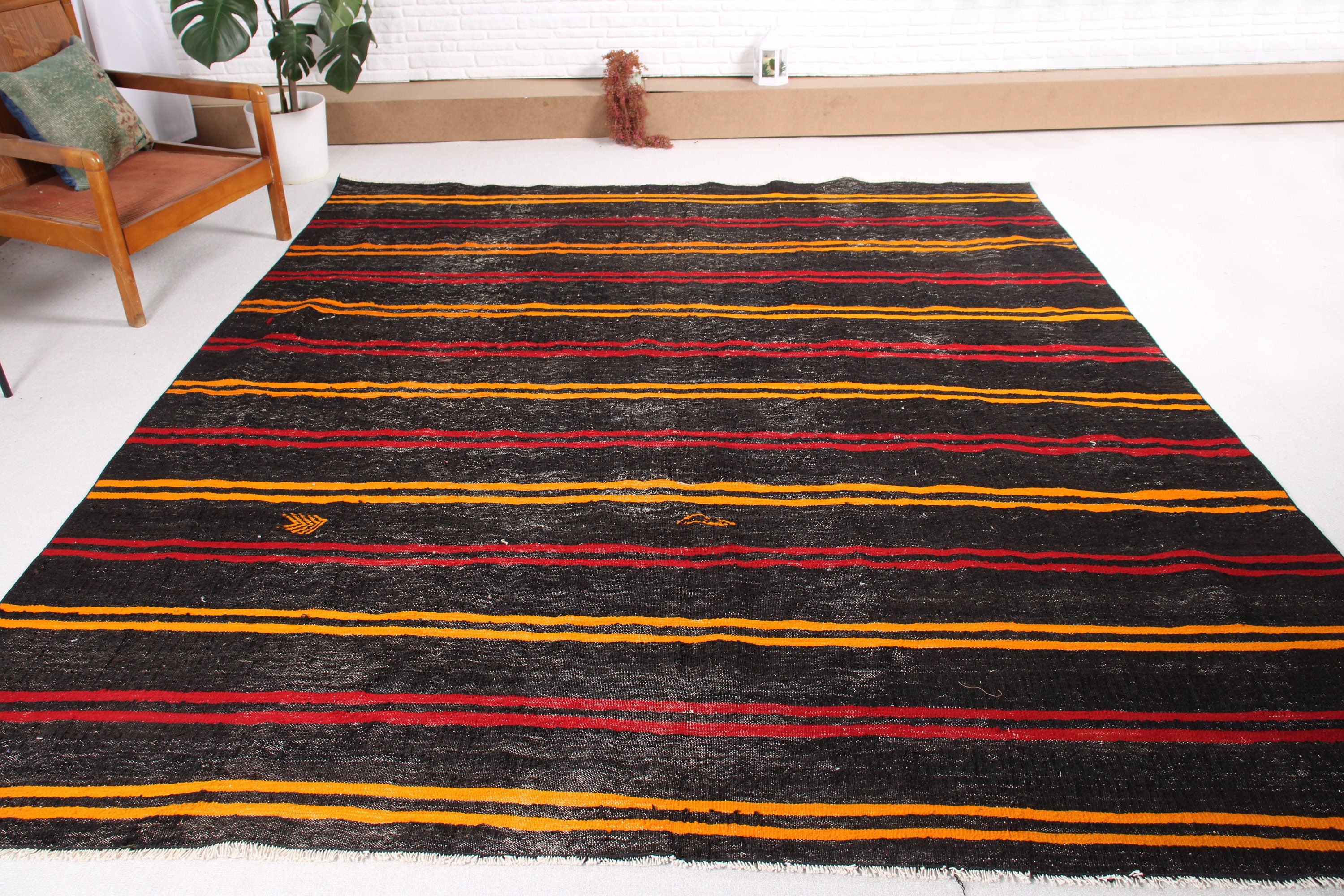 Siyah Geometrik Halı, Salon Halıları, Vintage Halı, Nötr Halı, Kilim, Türkiye Halısı, Türk Halısı, Oushak Halıları, 8.6x8.9 ft Büyük Boy Halı, Salon Halısı