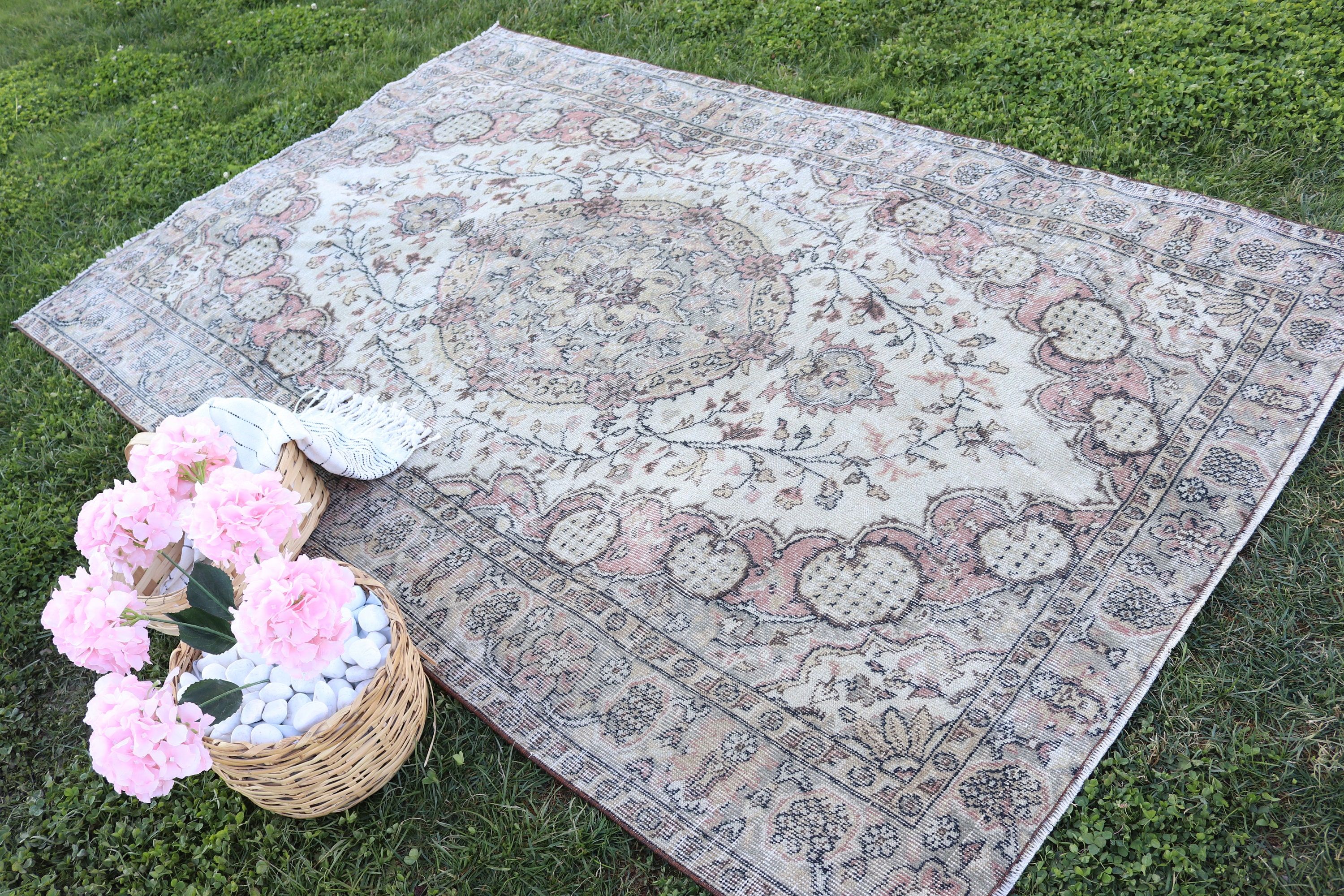 Oturma Odası Halısı, 5.4x8.5 ft Büyük Halı, Bej Yün Halı, Açıklama Halısı, Salon Halıları, Vintage Halılar, Nötr Halı, Salon Halıları, Türk Halısı