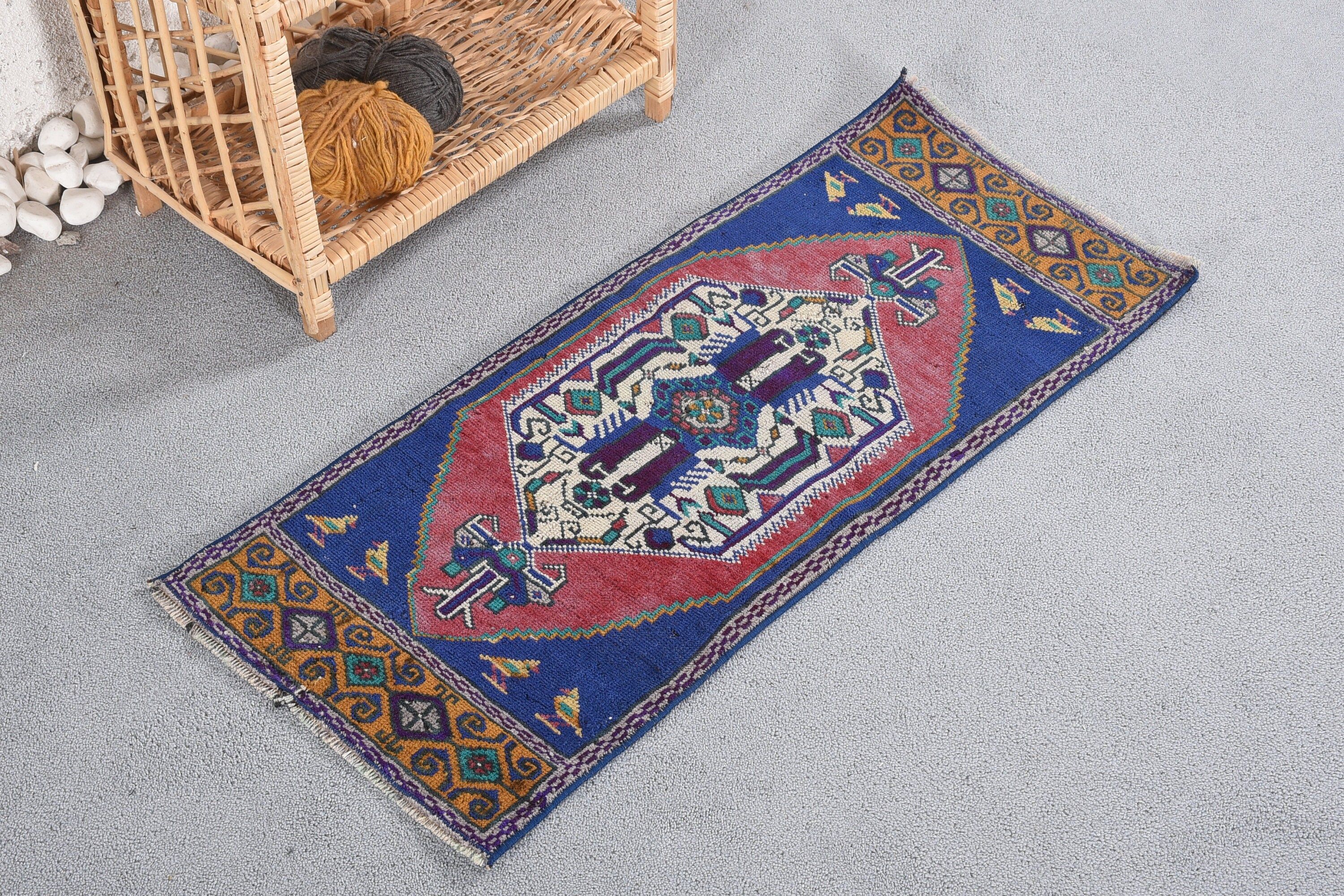 Bathroom Rug, Distressed Rug, Vintage Rug, Kitchen Rug, Blue Bedroom Rug, 1.3x3.1 ft Small Rug, Wall Hanging Rugs, Turkish Rug, Floor Rug