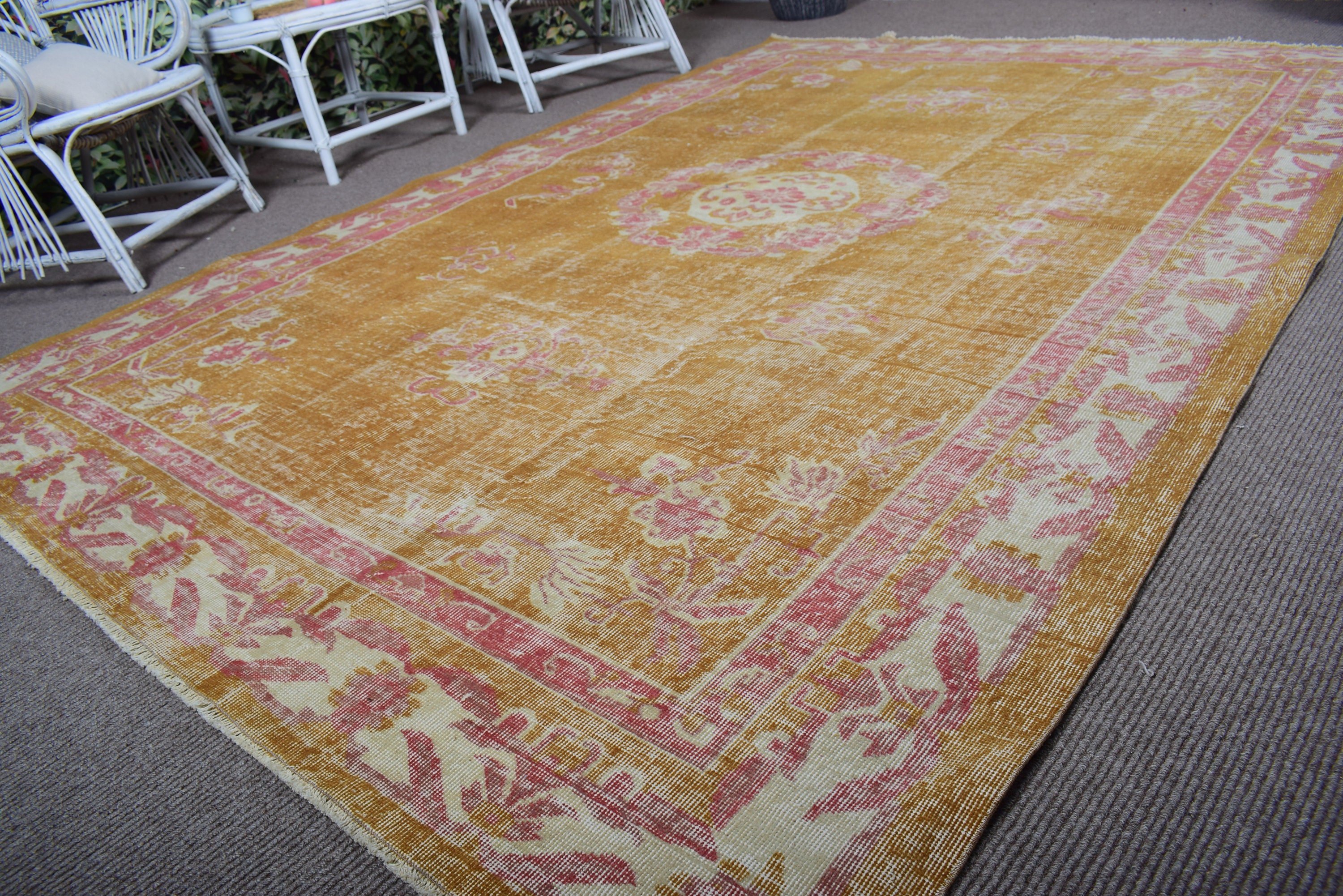 Turkish Rug, Yellow Antique Rug, Modern Rug, Large Oushak Rug, 6.6x9.7 ft Large Rug, Vintage Rug, Anatolian Rugs, Living Room Rugs