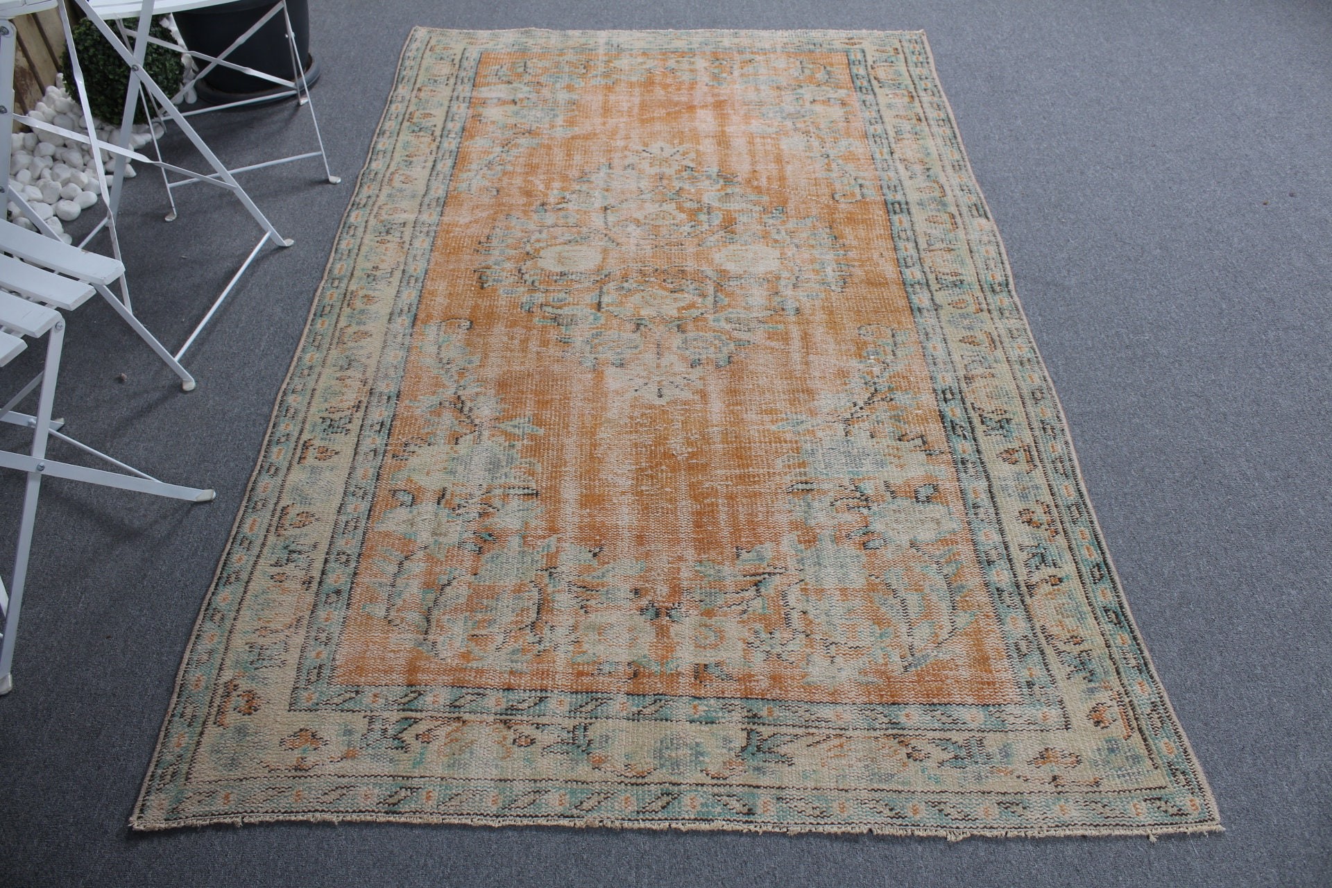 Mutfak Halısı, Vintage Halı, Alan Halıları, Yatak Odası Halısı, Yer Halıları, Turuncu Oushak Halıları, 4.6x7.4 ft Alan Halısı, Türk Halıları, Eskitilmiş Halı