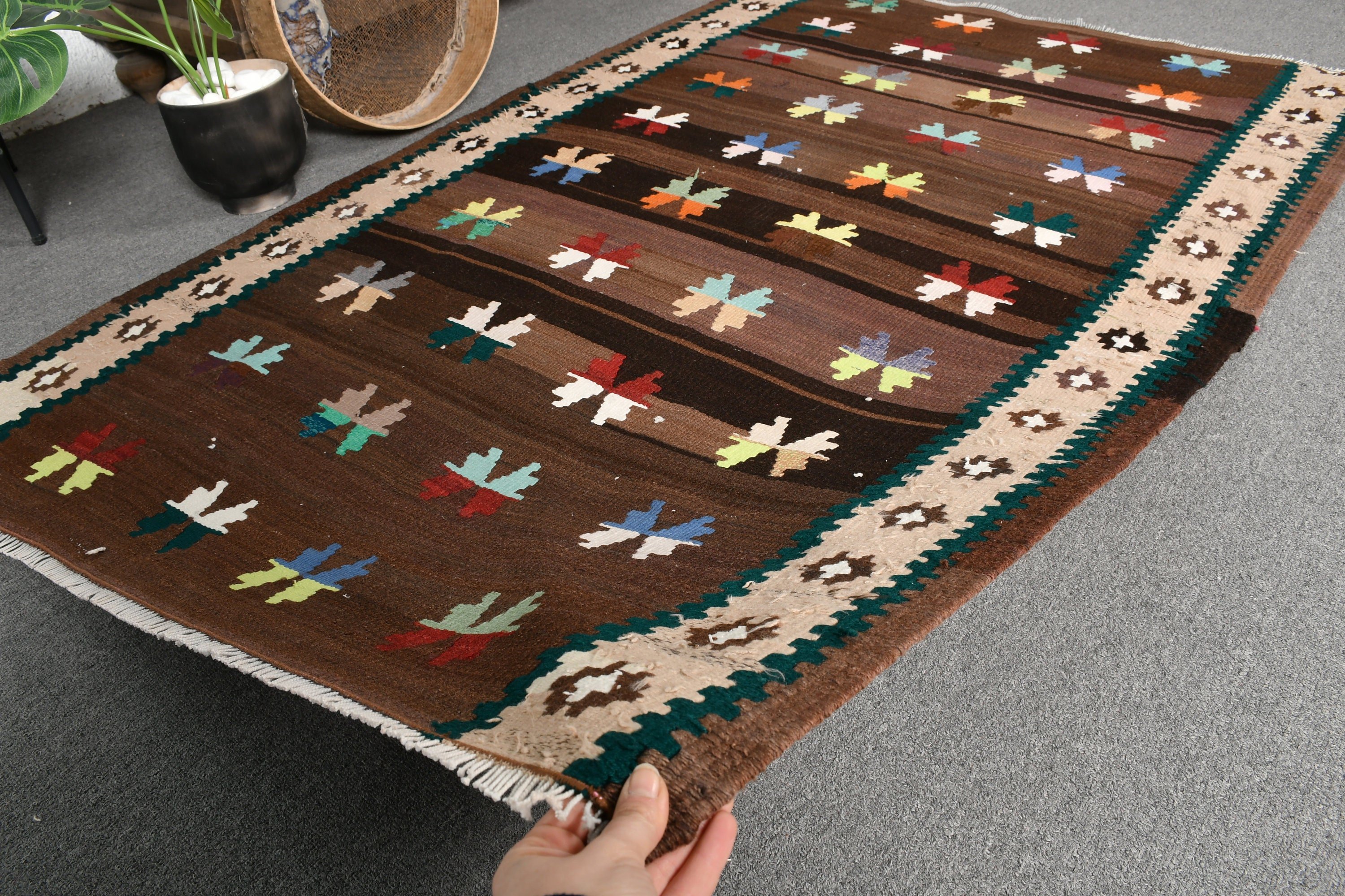 Kahverengi Doğu Halıları, Türk Halıları, Kilim, 3,6x5,7 ft Vurgu Halısı, Mutfak Halısı, Yatak Odası Halıları, Vintage Halı, Anadolu Halısı, Fas Halıları