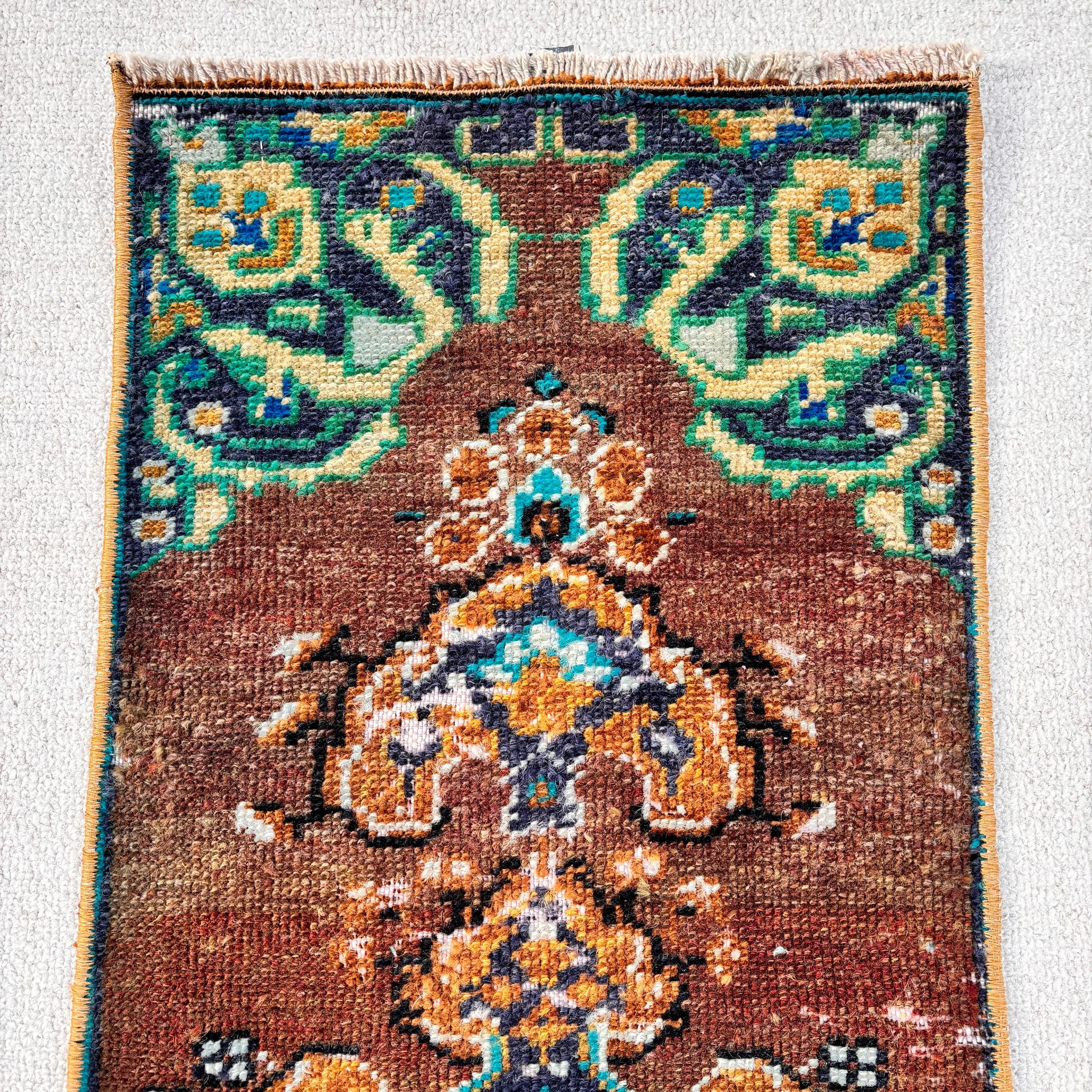 Yer Halısı, Antika Halı, Mavi 1.1x3.2 ft Küçük Halı, Küçük Boho Halı, Türk Halısı, Vintage Halı, Küçük Vintage Halı