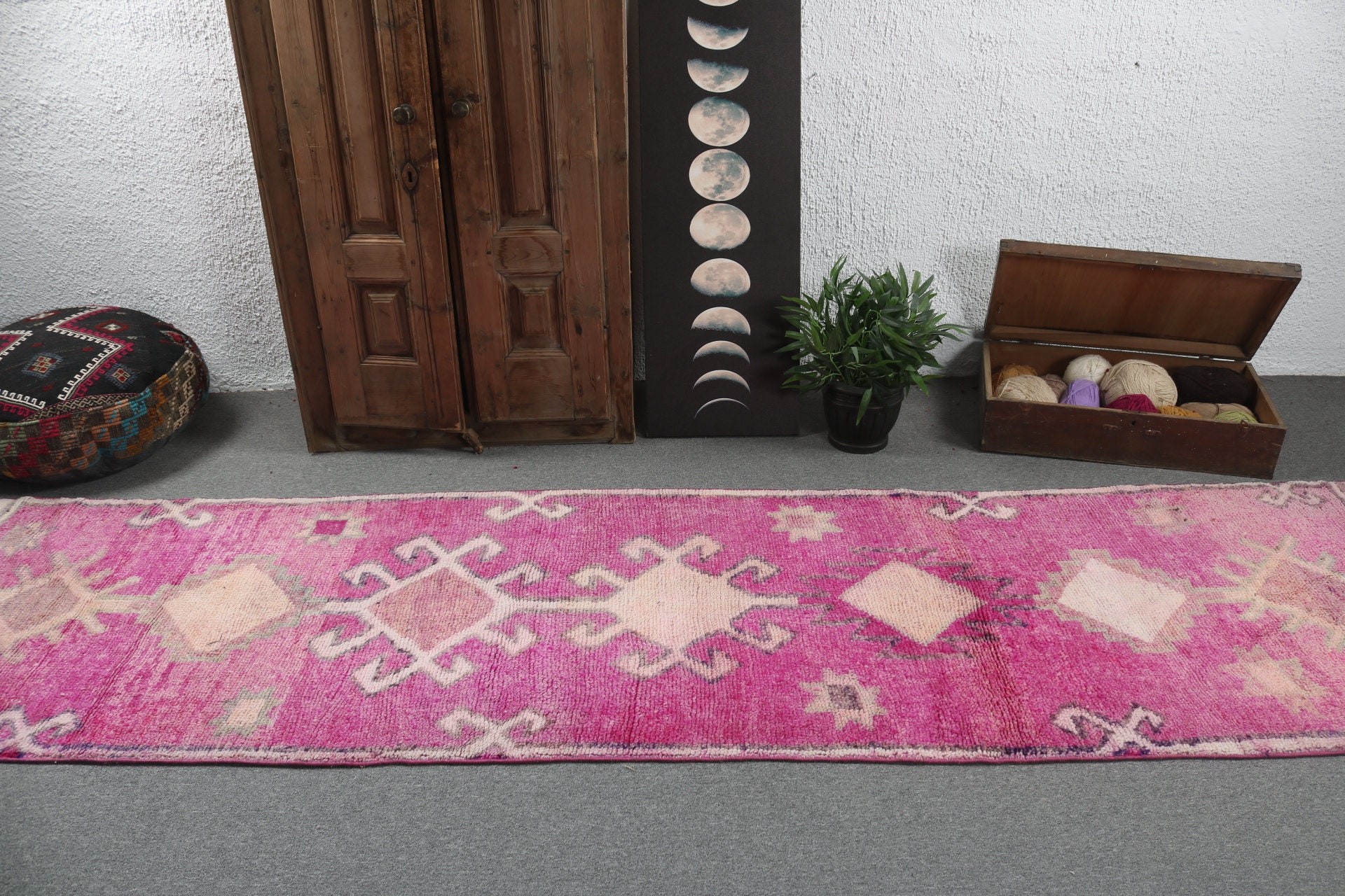 Boho Halılar, Lüks Halılar, Vintage Halılar, Türk Halıları, 2,9x11,6 ft Koşucu Halısı, Geometrik Halı, Pembe Geometrik Halılar, Merdiven Halısı, Uzun Yolluk Halıları